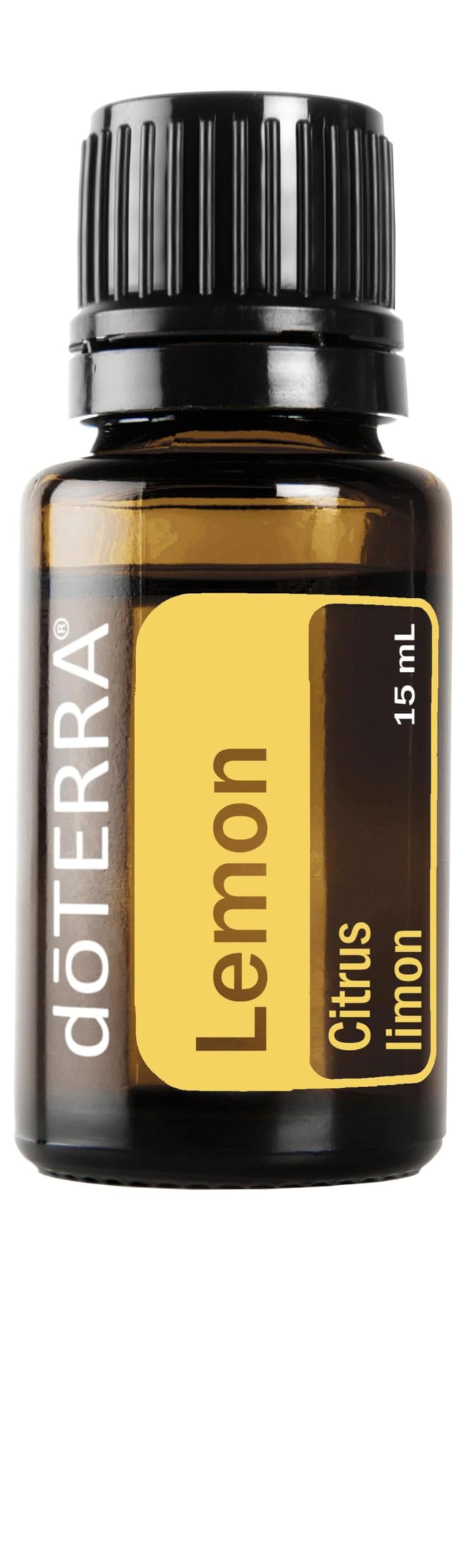 doTERRA frasco frontal del aceite de limón 15 mL mostrando etiqueta y tapa