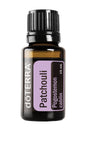 doTERRA botella frontal de Patchouli 15 mL mostrando etiqueta y beneficio aromático