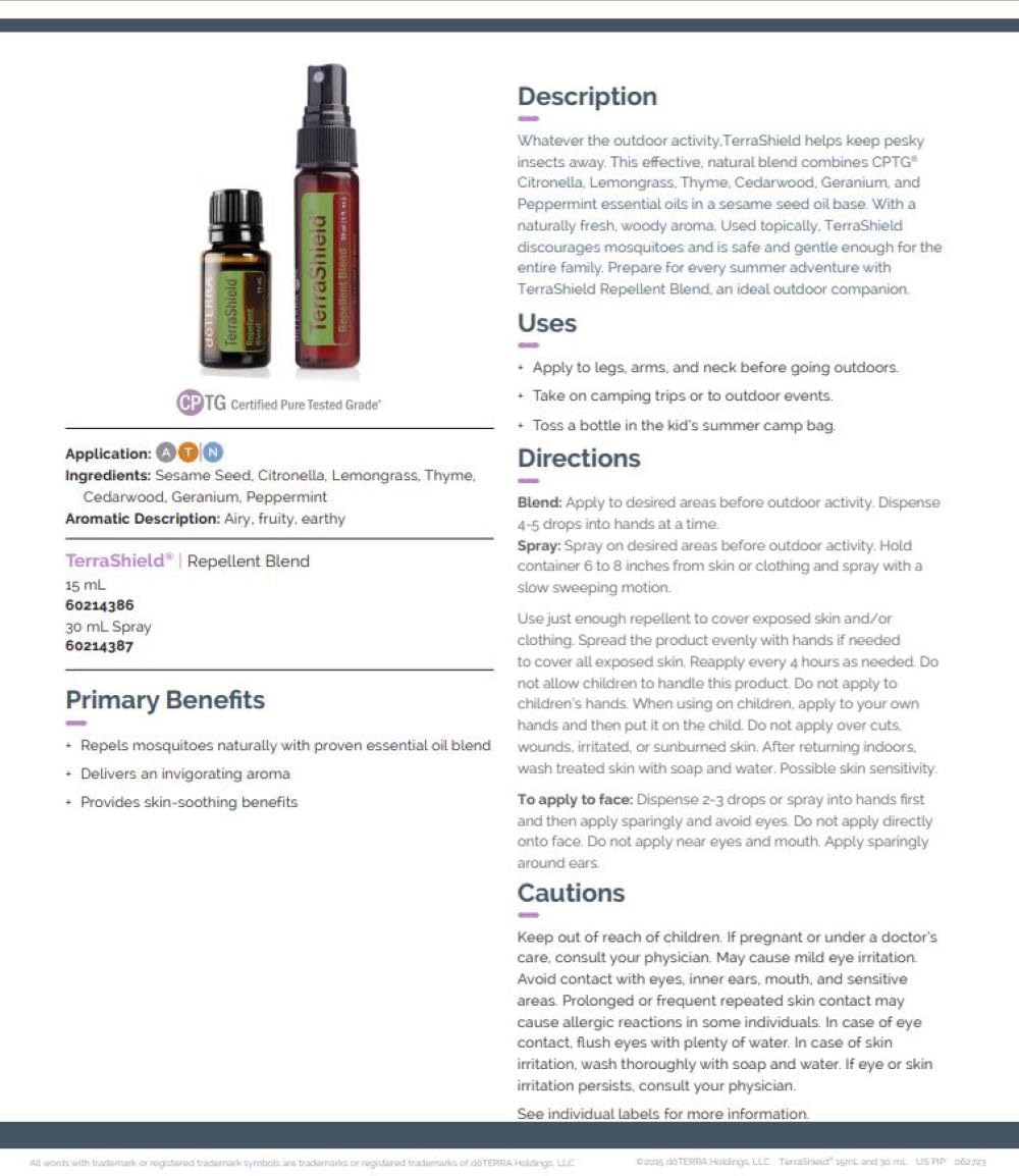 doTERRA Terrashield etiqueta legible con ingredientes y uso seguro