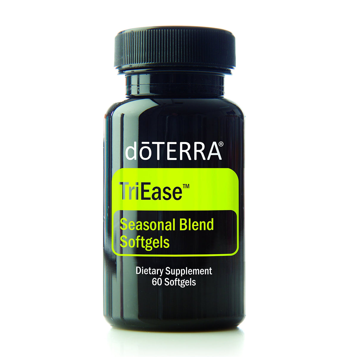 doTERRA envase TriEase frente mostrando 60 cápsulas y uso portátil