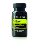 doTERRA envase TriEase frente mostrando 60 cápsulas y uso portátil