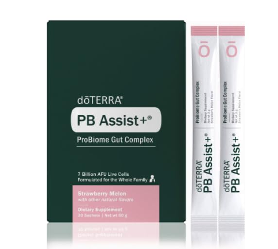 doTERRA envase frontal del producto mostrando sobres y beneficio de apoyo digestivo