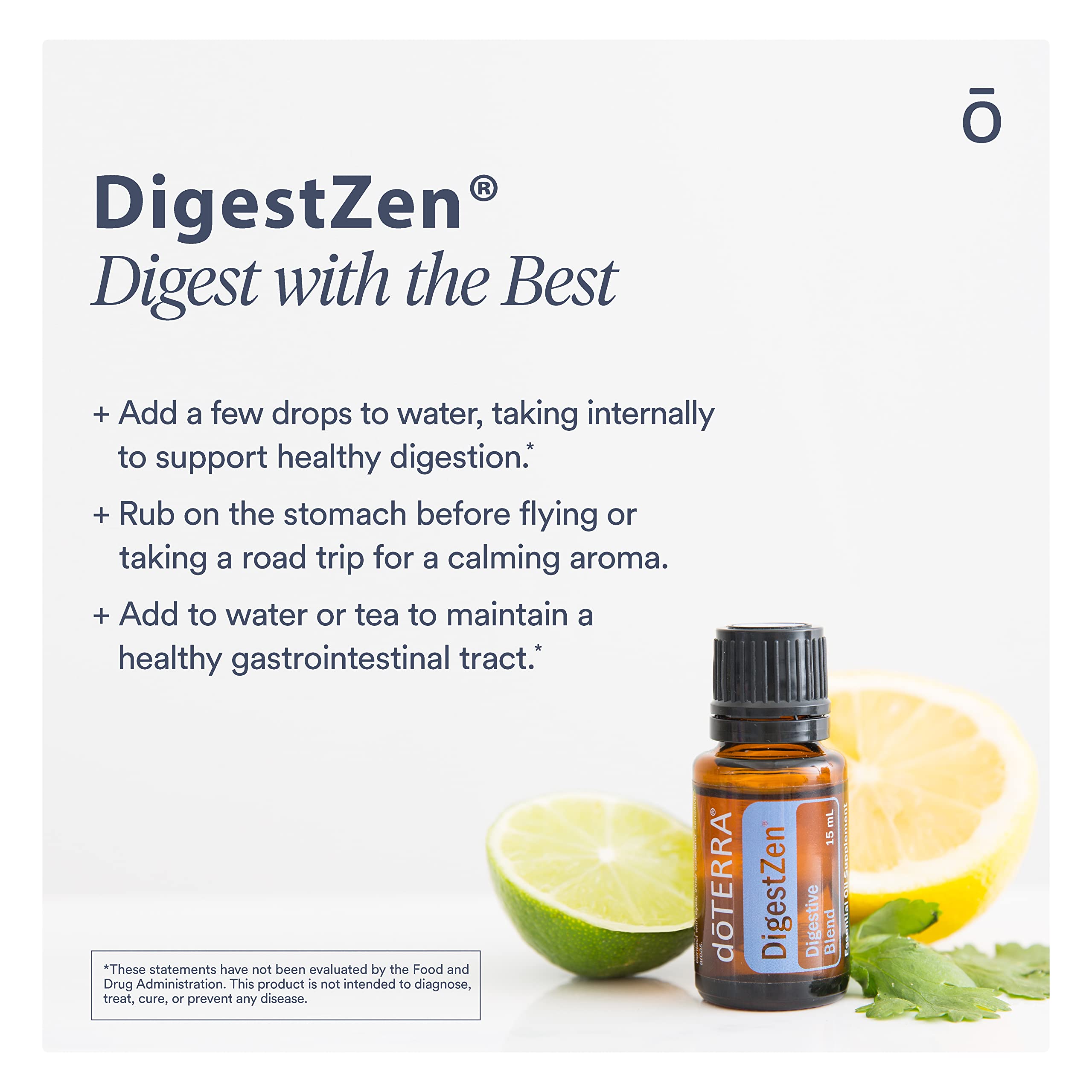 Etiqueta doTERRA DigestZen en primer plano mostrando ingredientes clave y confianza