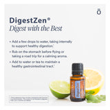 Etiqueta doTERRA DigestZen en primer plano mostrando ingredientes clave y confianza