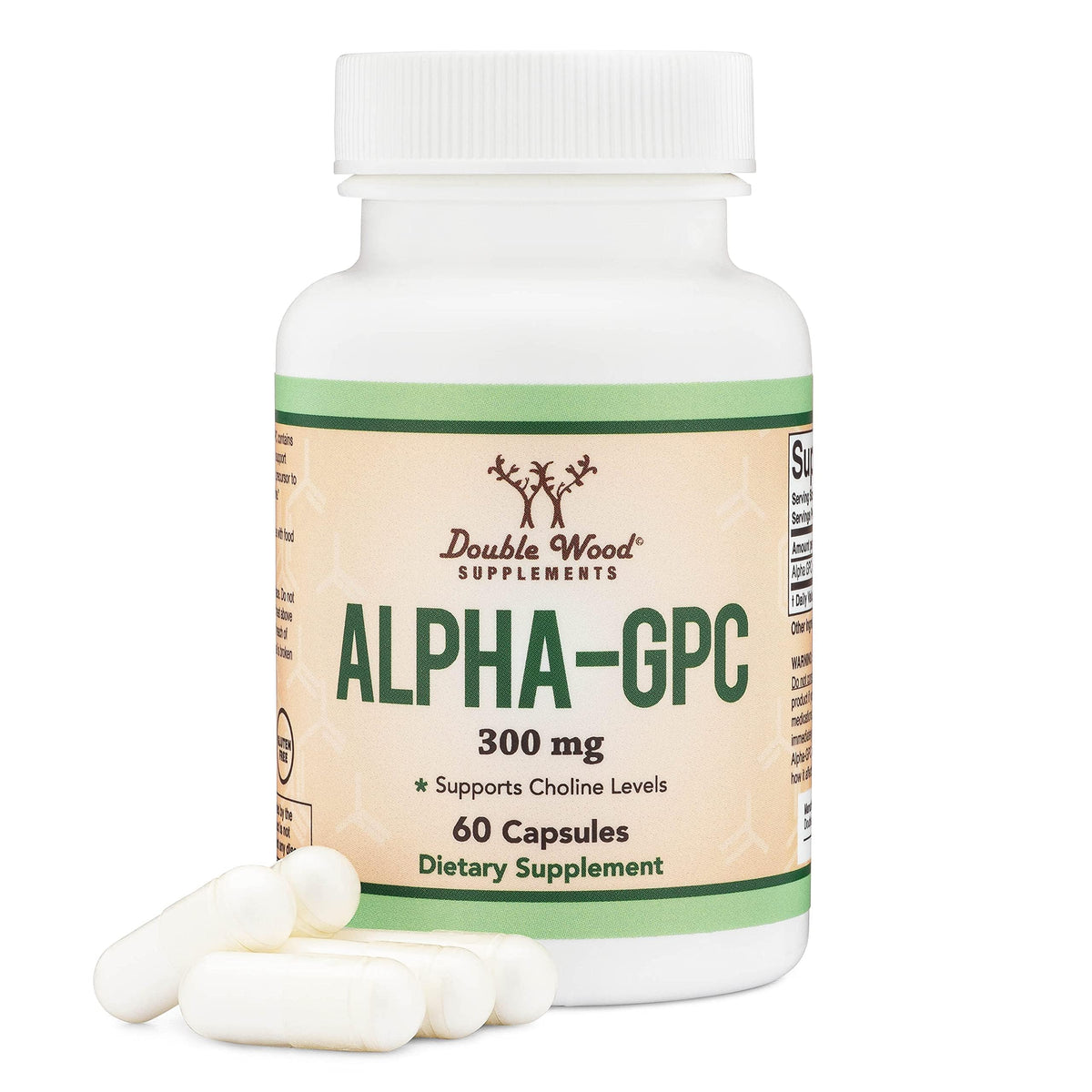 Double Wood Supplements vista frontal del envase mostrando etiqueta y beneficio cognitivo