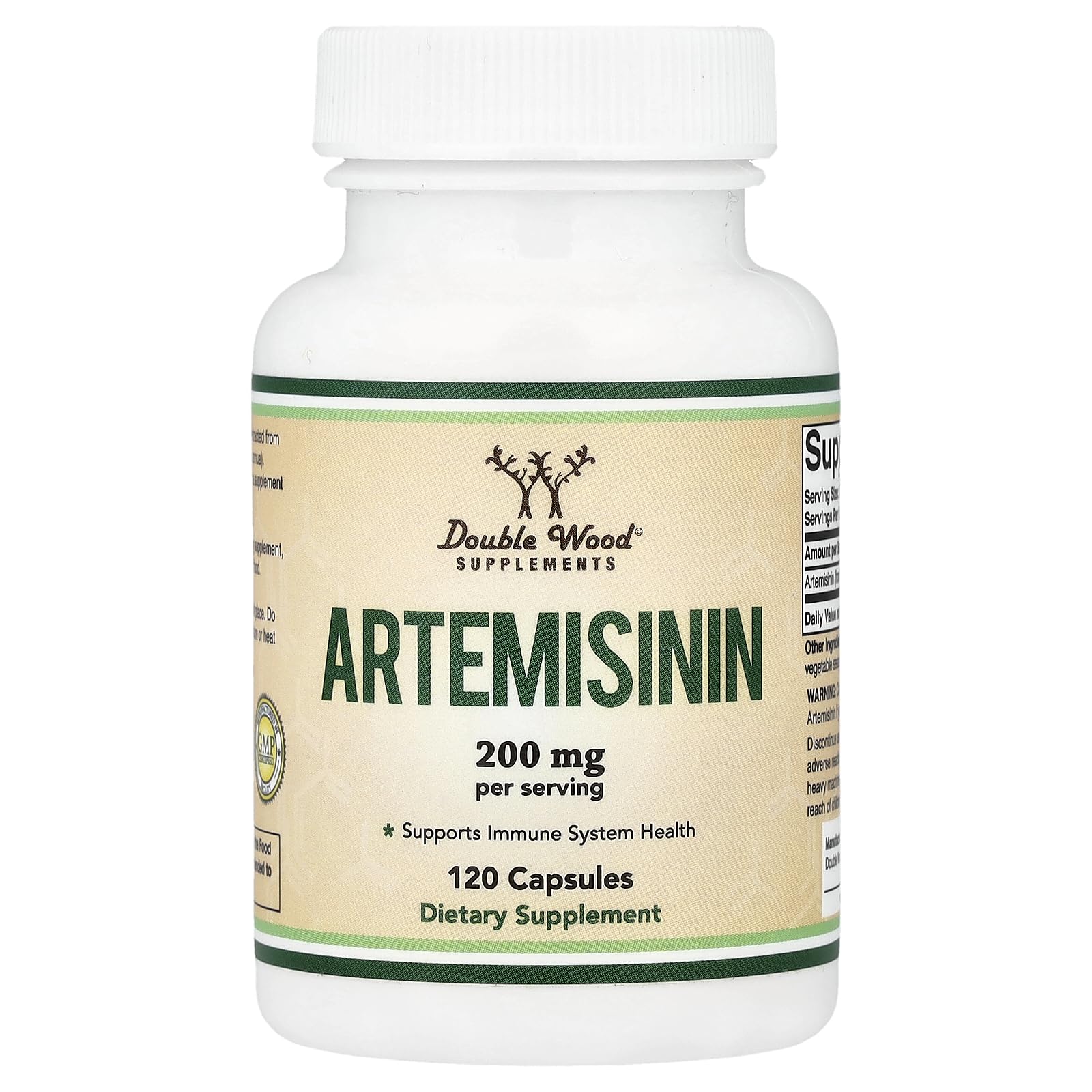 Double Wood Artemisinin envase frontal mostrando 120 cápsulas y beneficios de calidad