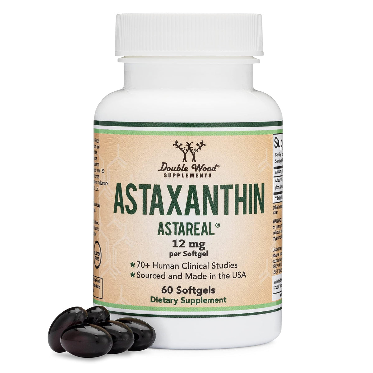 Double Wood frasco de astaxantina 12 mg mostrando etiqueta y beneficios de pureza