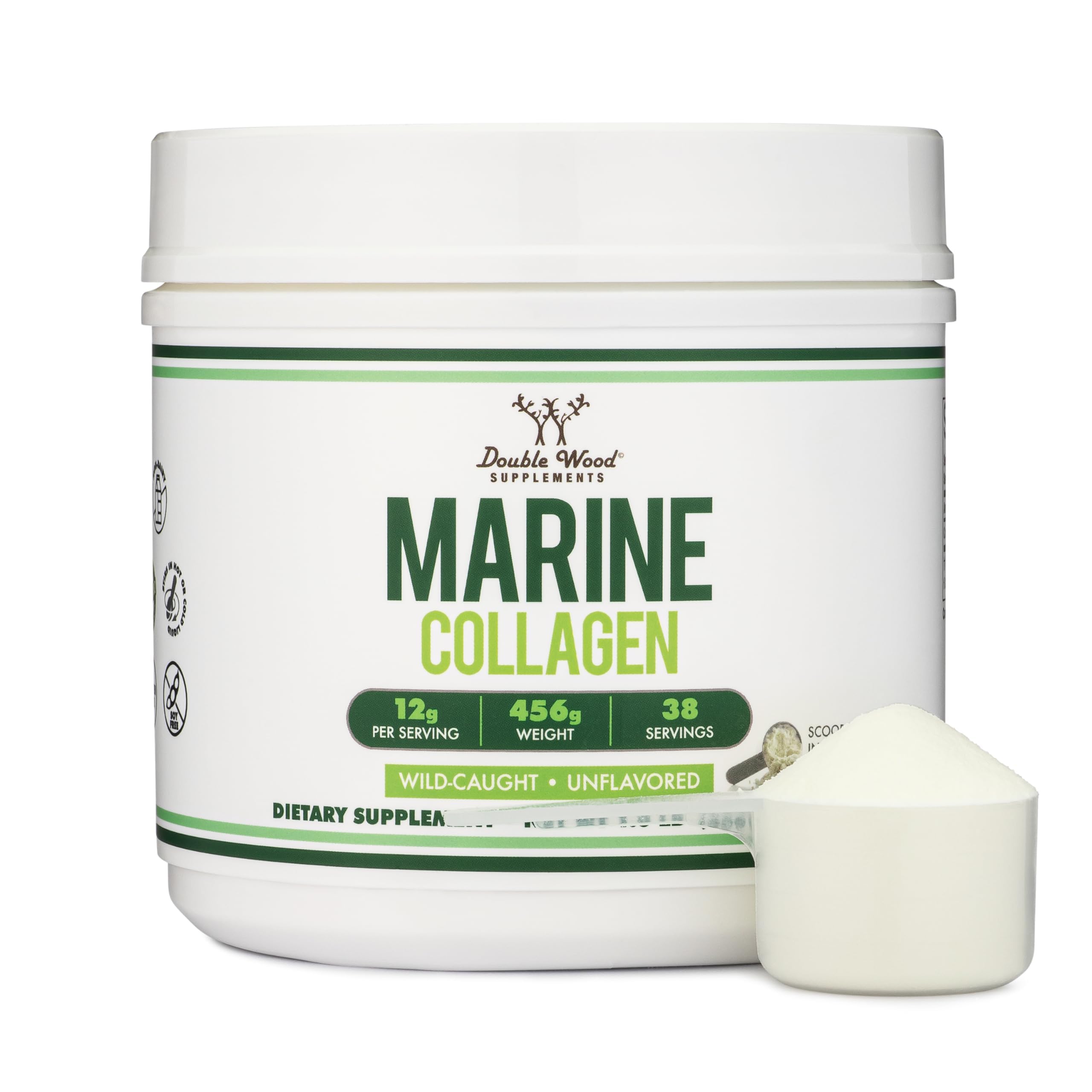 Double Wood colágeno marino frontal del envase mostrando tamaño y marca para confianza