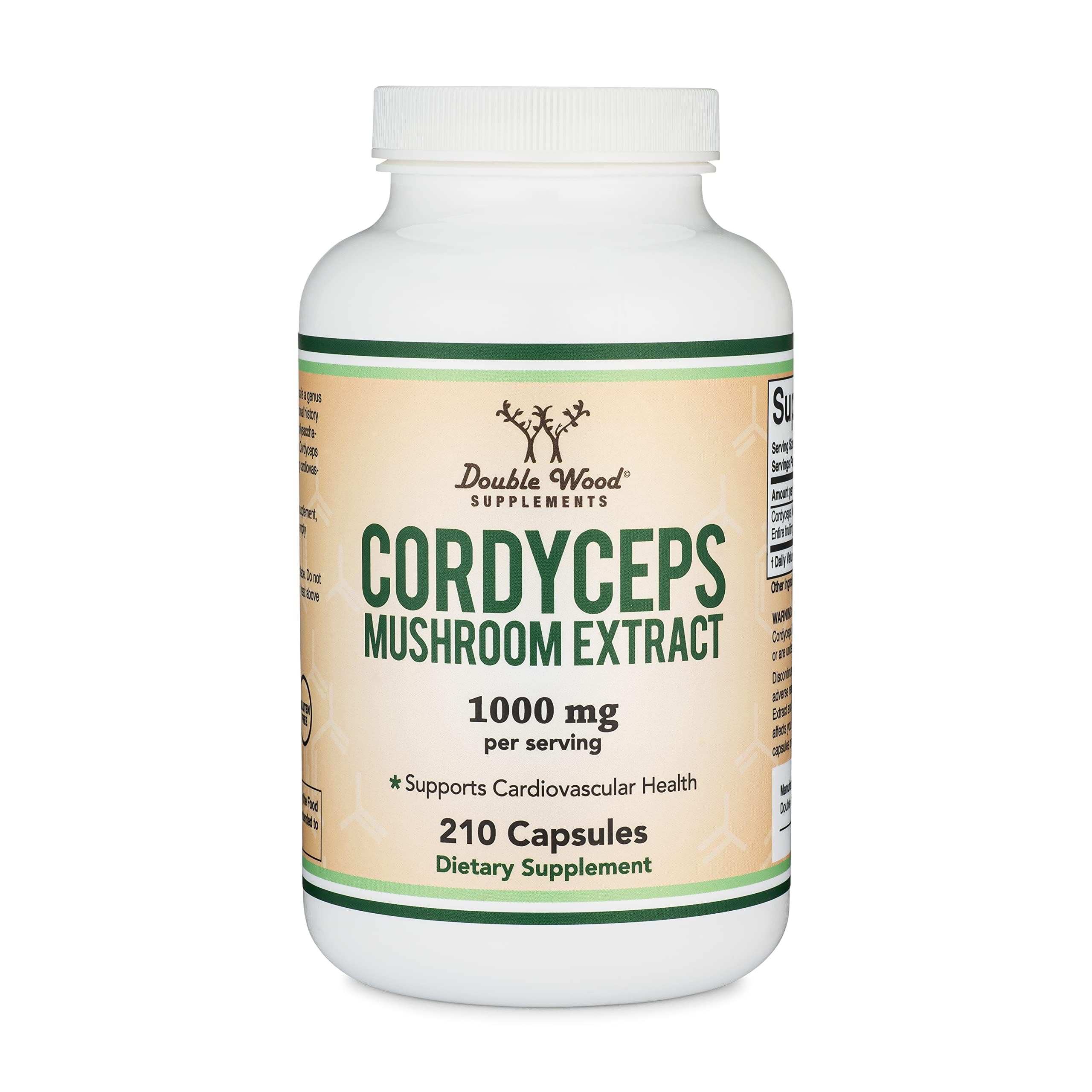 Etiqueta y lista de ingredientes de Double Wood Cordyceps que destaca 7% polisacáridos