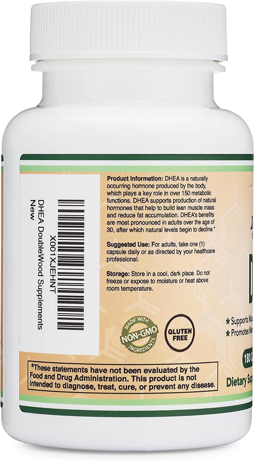 Etiqueta de Double Wood DHEA 100 mg destacando pruebas de terceros y dosis