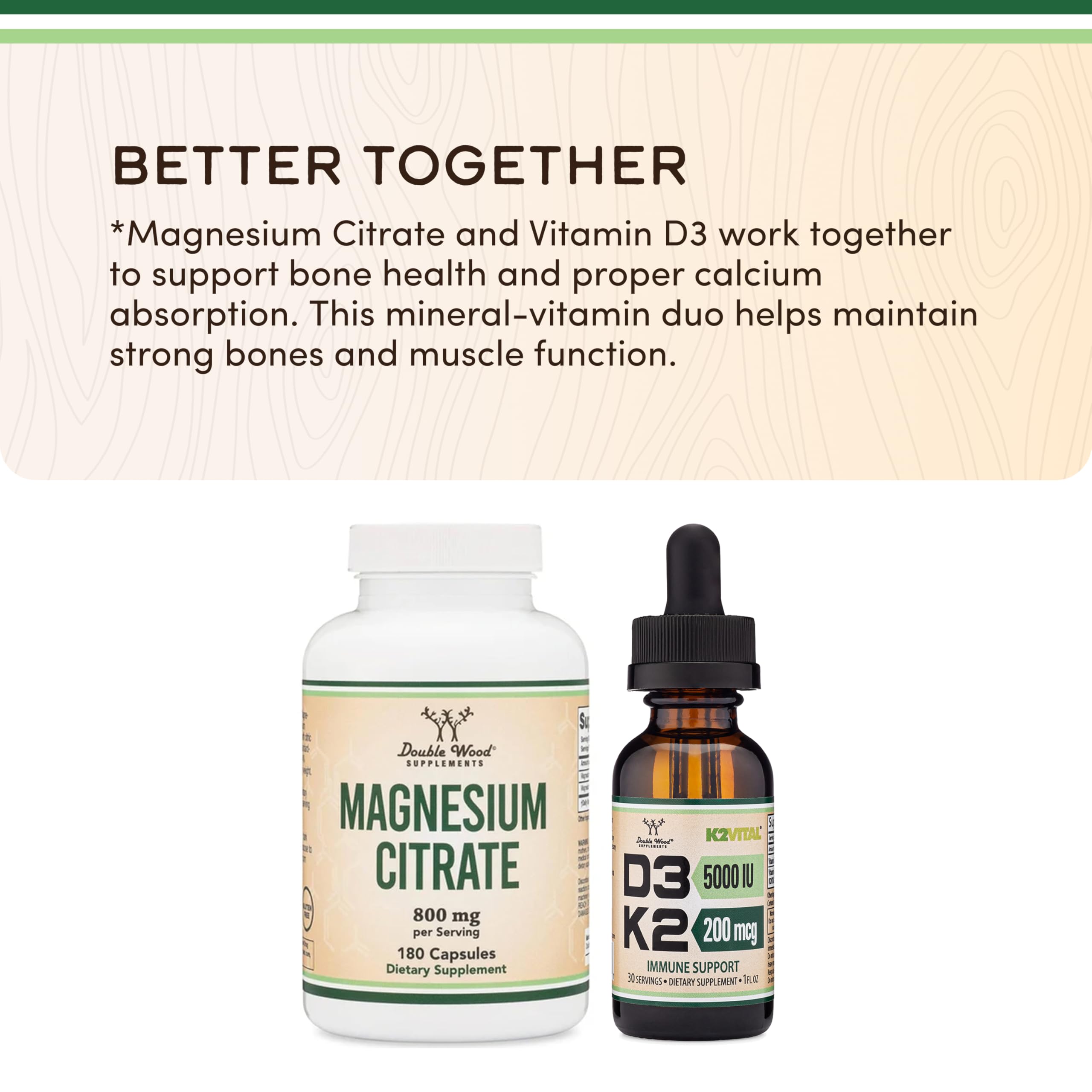 Etiqueta nutricional Double Wood mostrando información de dosis y calidad