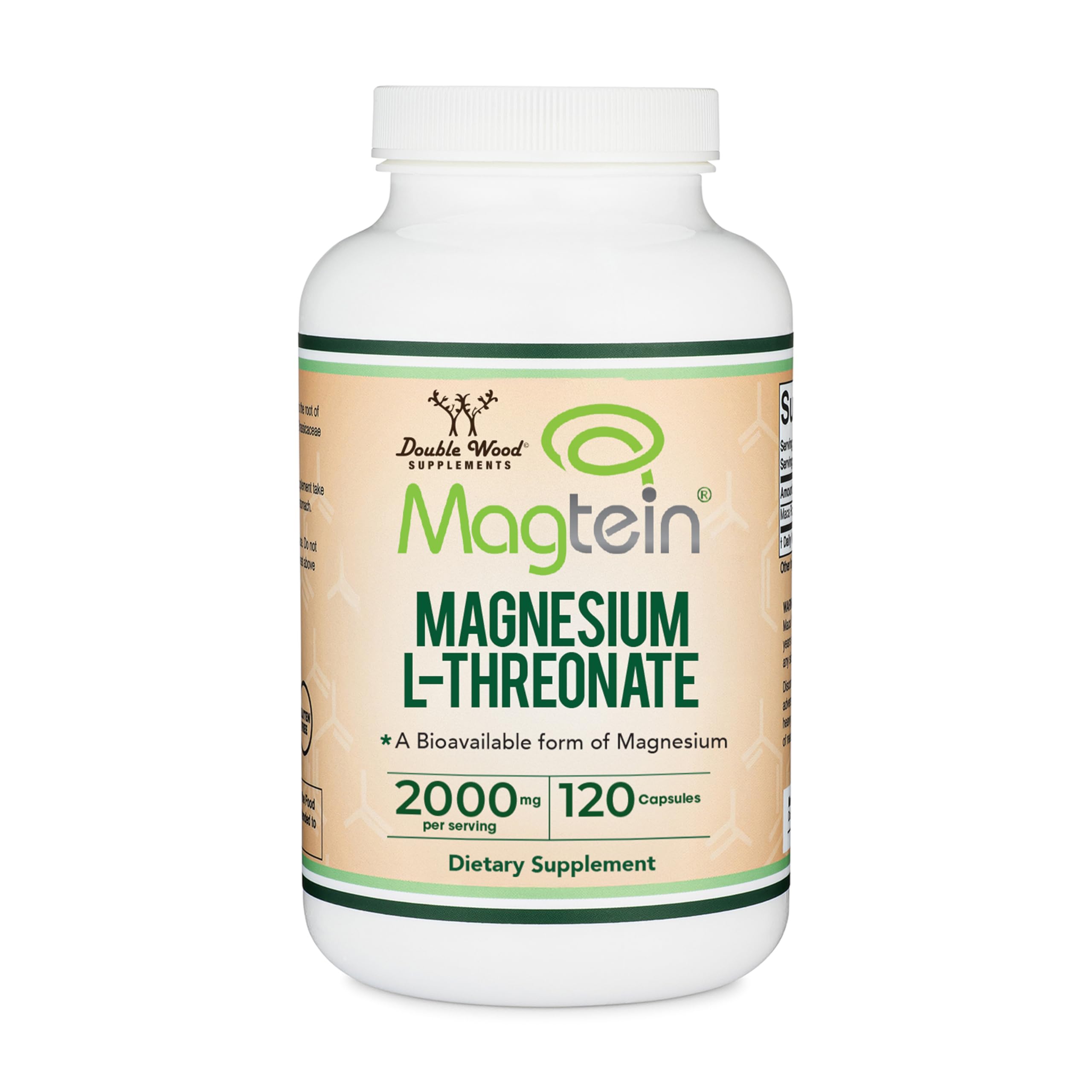 Double Wood envase frontal mostrando Magtein y beneficios para el cerebro
