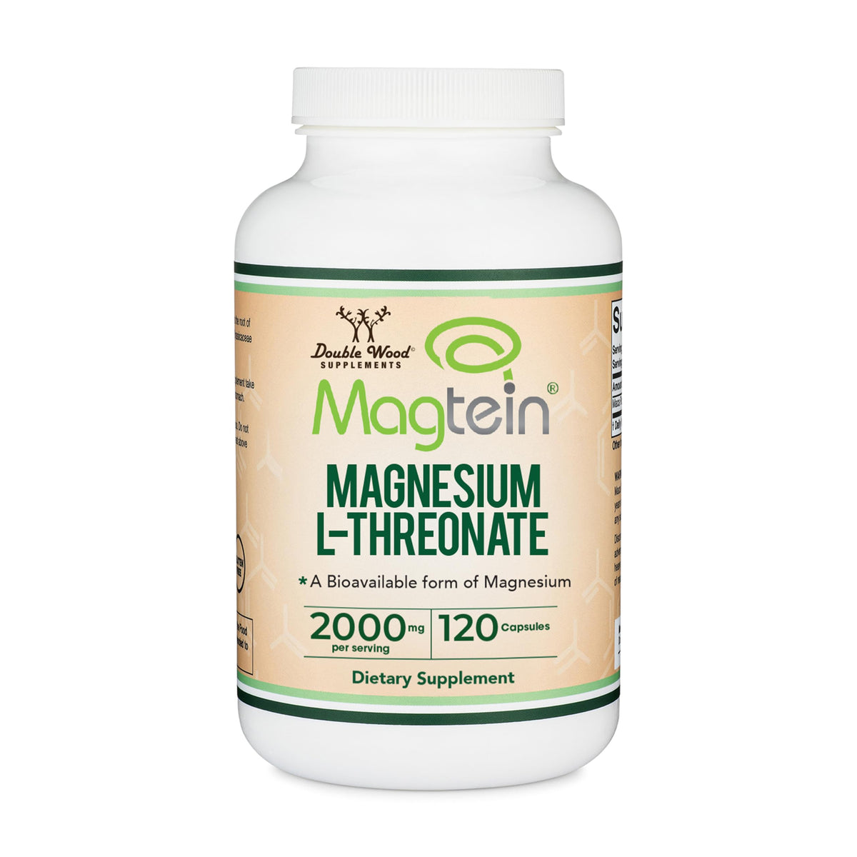 Double Wood envase frontal mostrando Magtein y beneficios para el cerebro