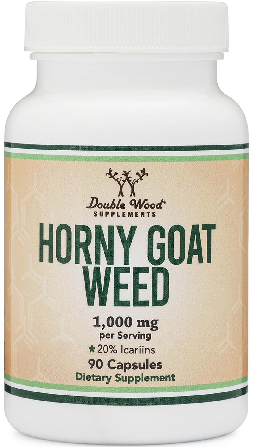 Frasco de Double Wood Horny Goat Weed en una encimera junto a suplementos, sugiere integración sencilla en rutina