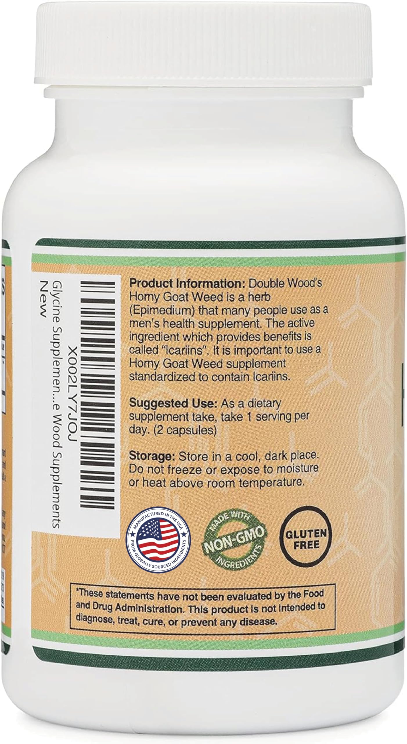 Primer plano del panel nutricional Double Wood Horny Goat Weed que muestra 20% icariinas y pureza
