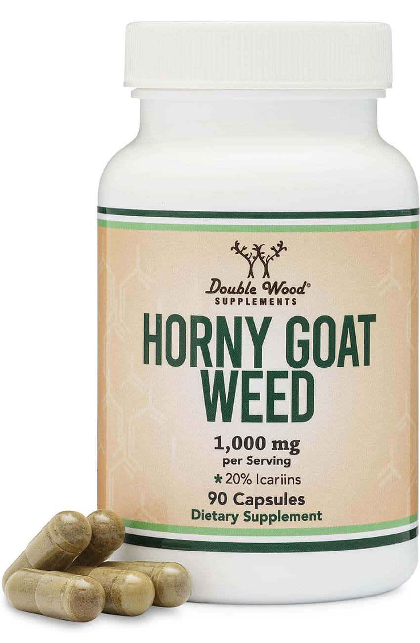 Double Wood frasco frontal del Horny Goat Weed mostrando la marca y la concentración, claridad de etiqueta como beneficio