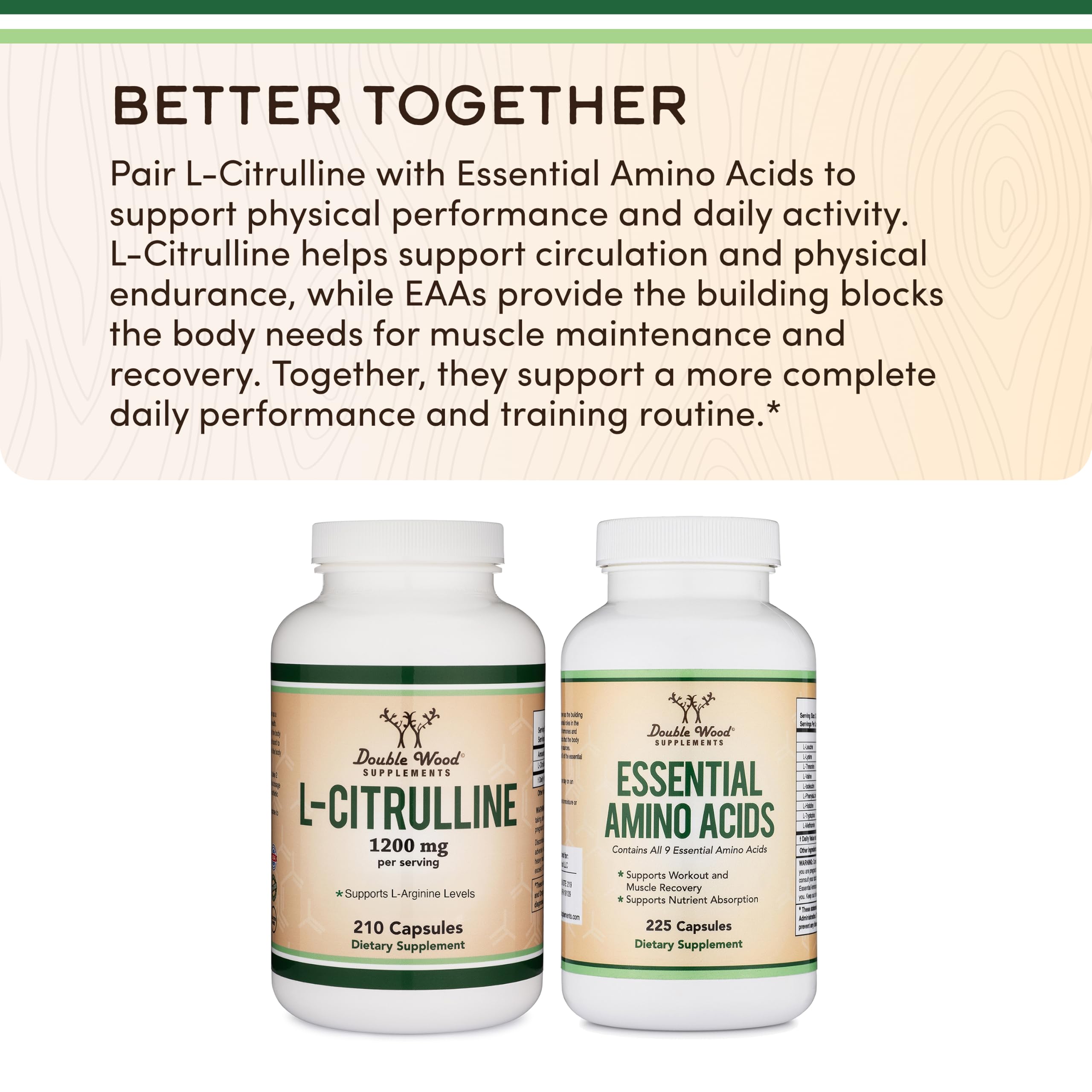 Etiqueta Double Wood L-Citrulline con información de dosis y pruebas de calidad