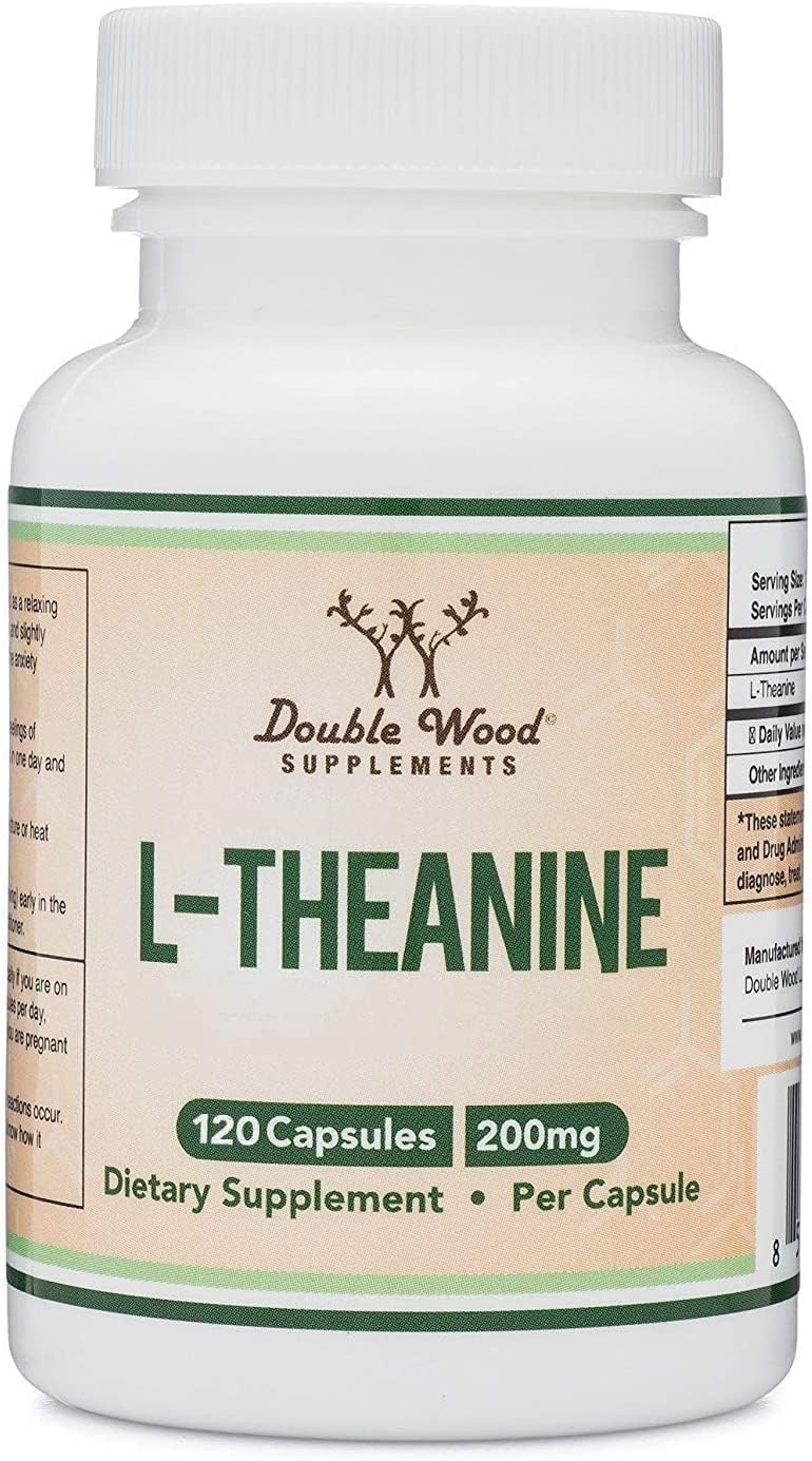 Double Wood frasco de L-Theanine 200 mg mostrando etiqueta clara y beneficios