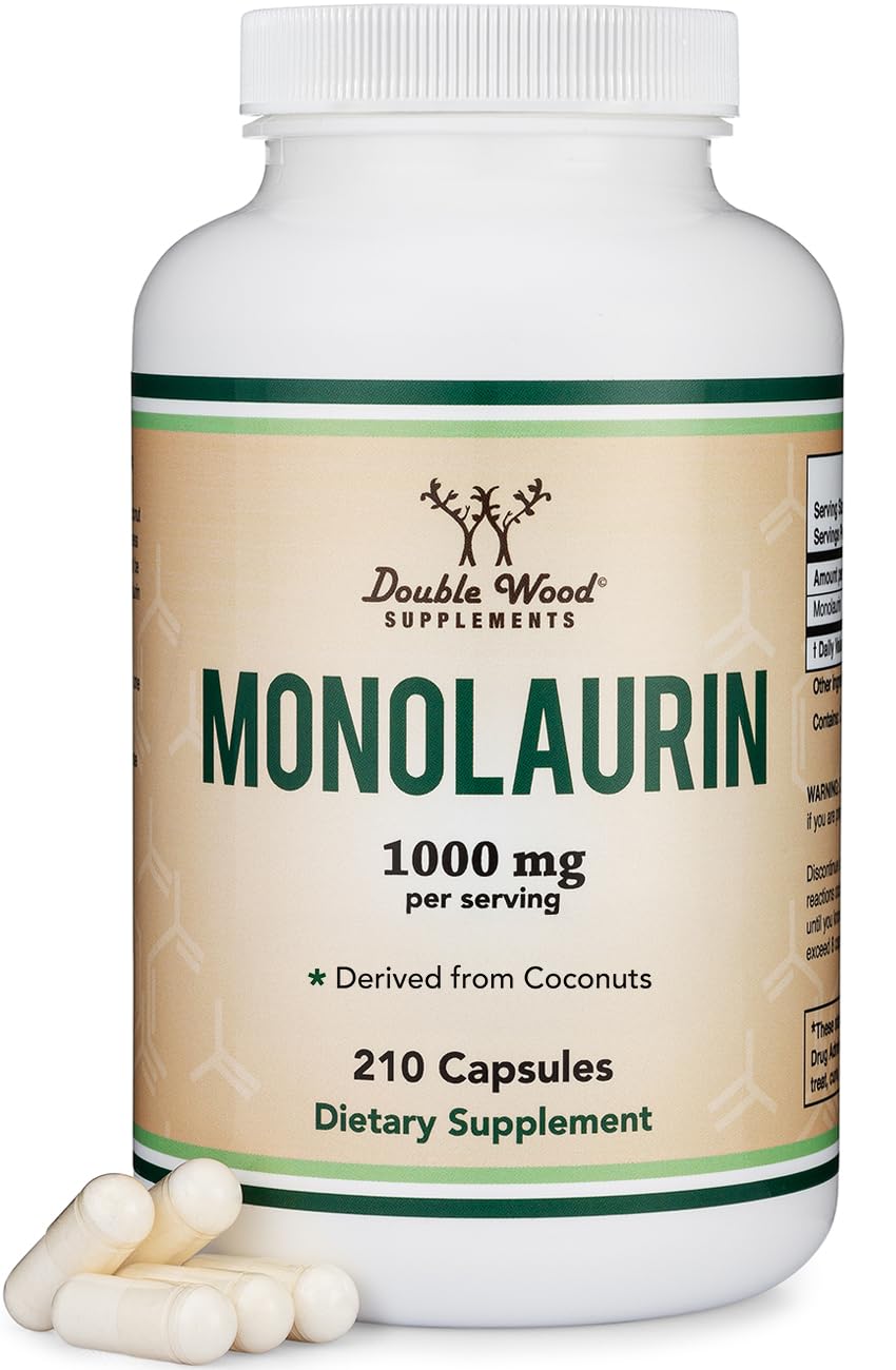 Double Wood frasco frontal de Monolaurin 210 cápsulas, presentación clara y beneficios de dosificación