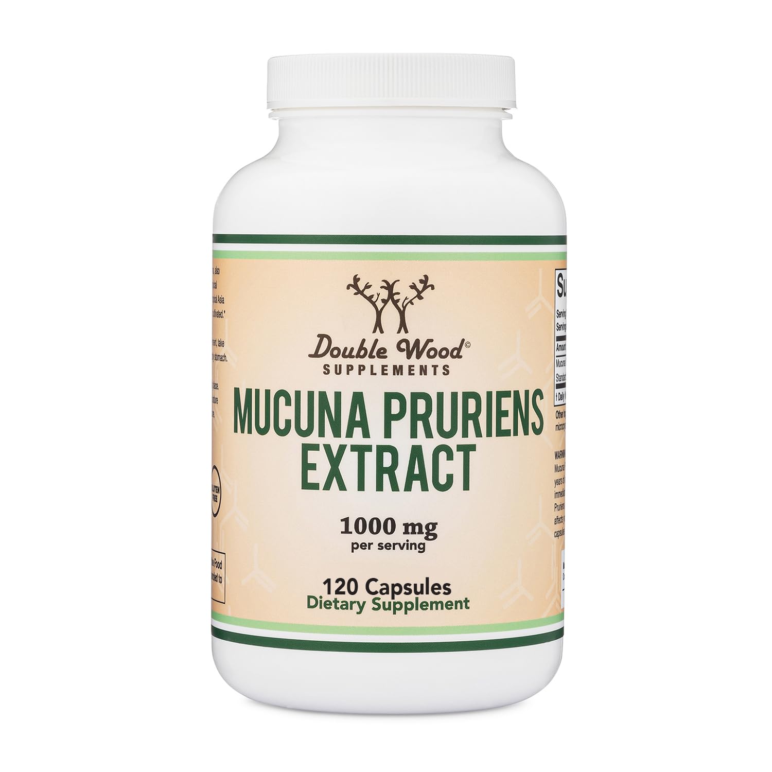 Double Wood Mucuna vista frontal del envase con beneficios claros