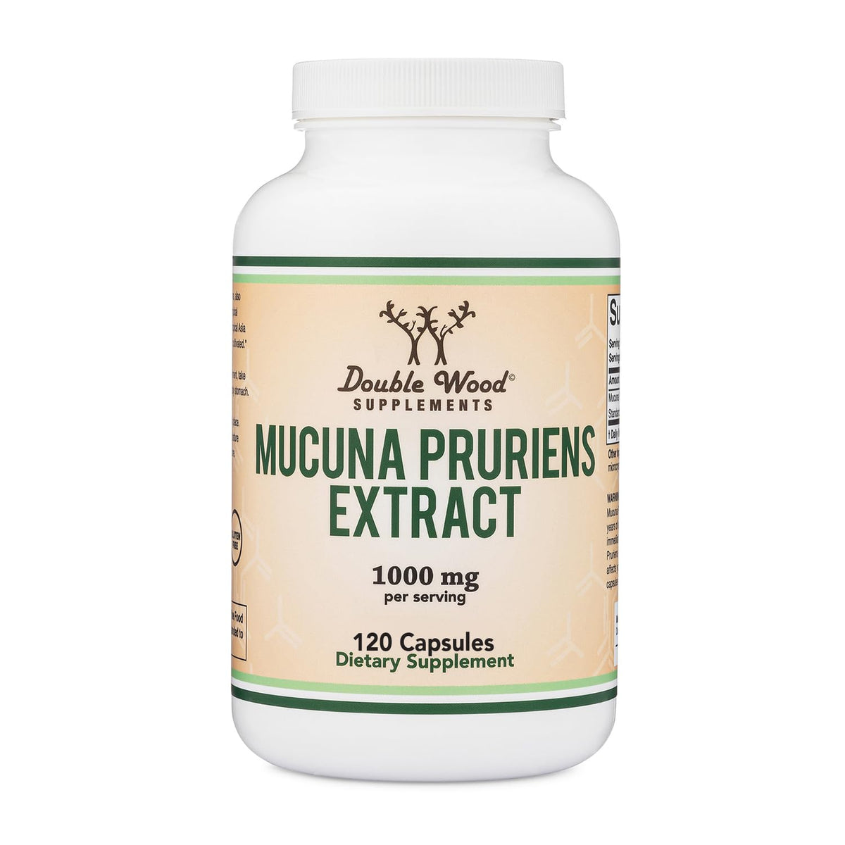 Double Wood Mucuna vista frontal del envase con beneficios claros