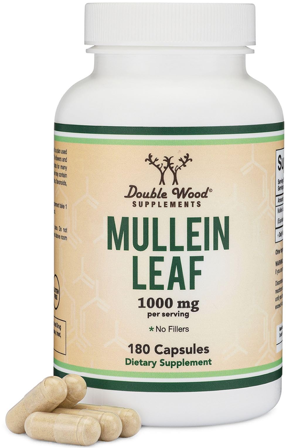 Double Wood Supplements frasco frontal de Mullein Leaf muestra etiqueta clara y duración