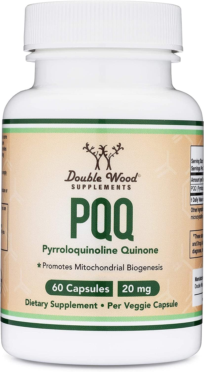 Etiqueta Double Wood PQQ con información de ingredientes y dosificación