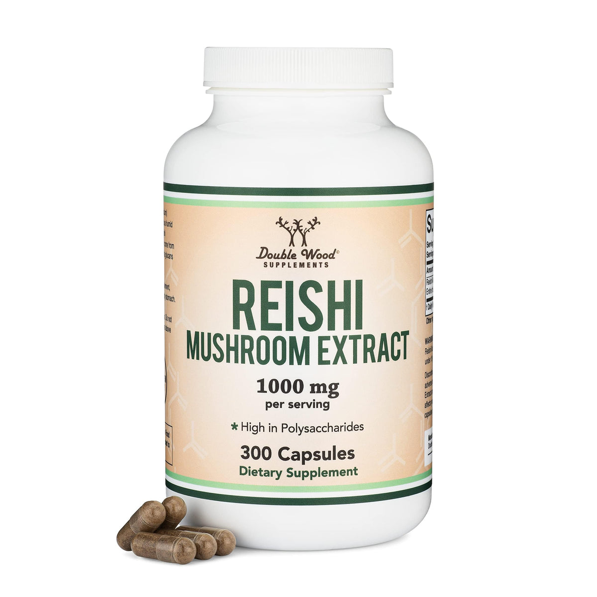 Double Wood reishi frasco frontal con etiqueta clara y concentración 4:1, confianza en calidad