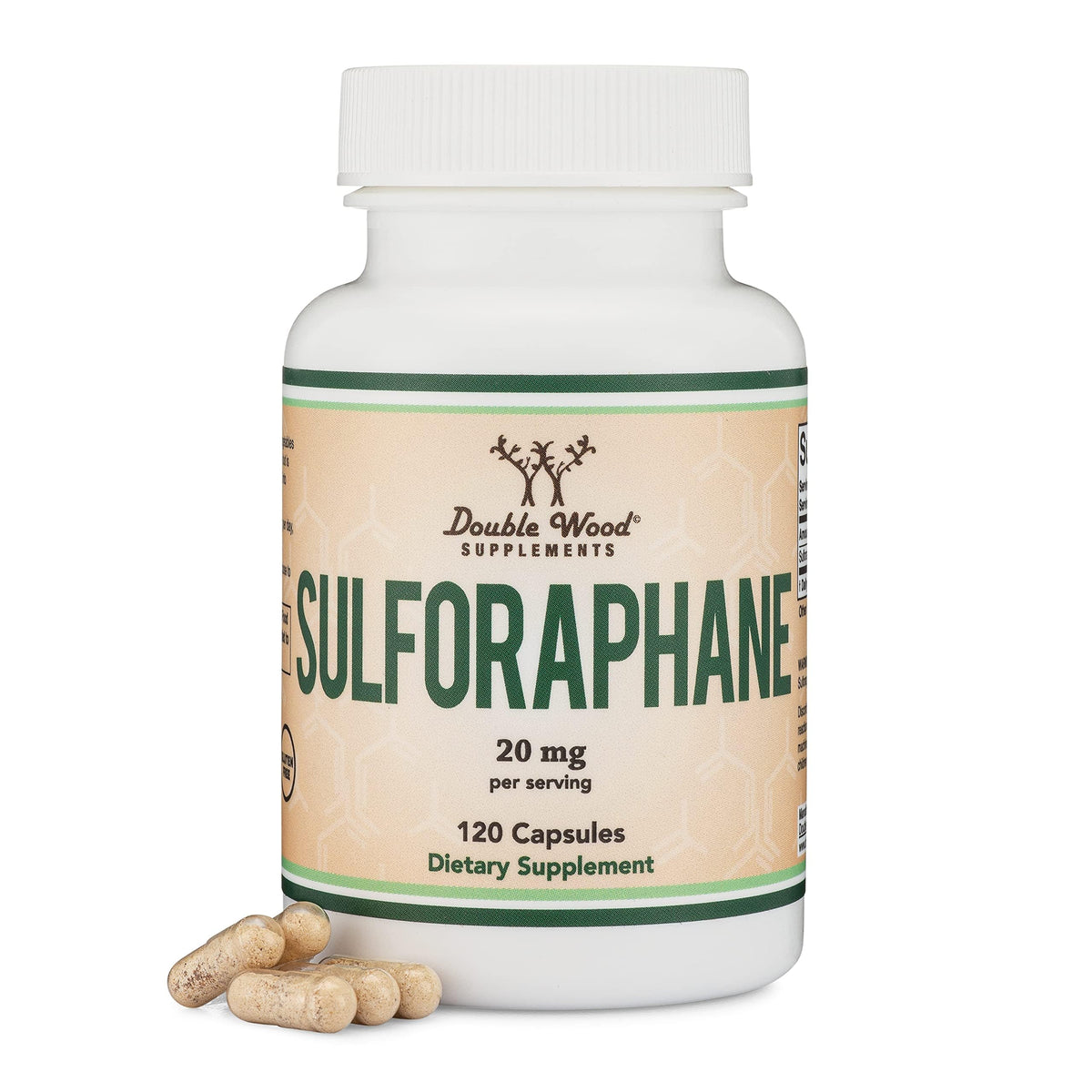 Double Wood Supplements frasco frontal con etiqueta clara y dosis visible