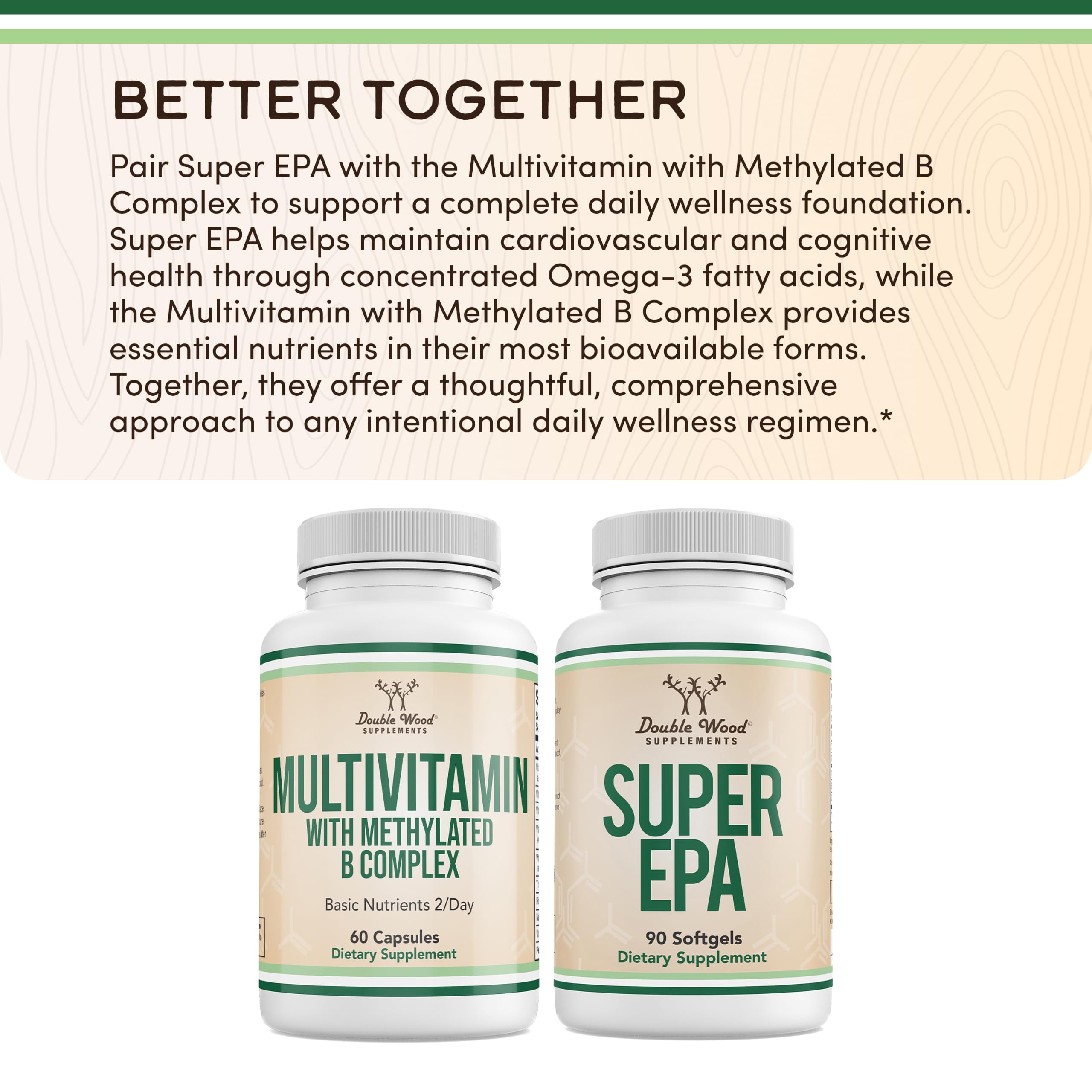 Etiqueta nutricional de Super EPA Double Wood mostrando EPA y DHA, para transparencia de ingredientes