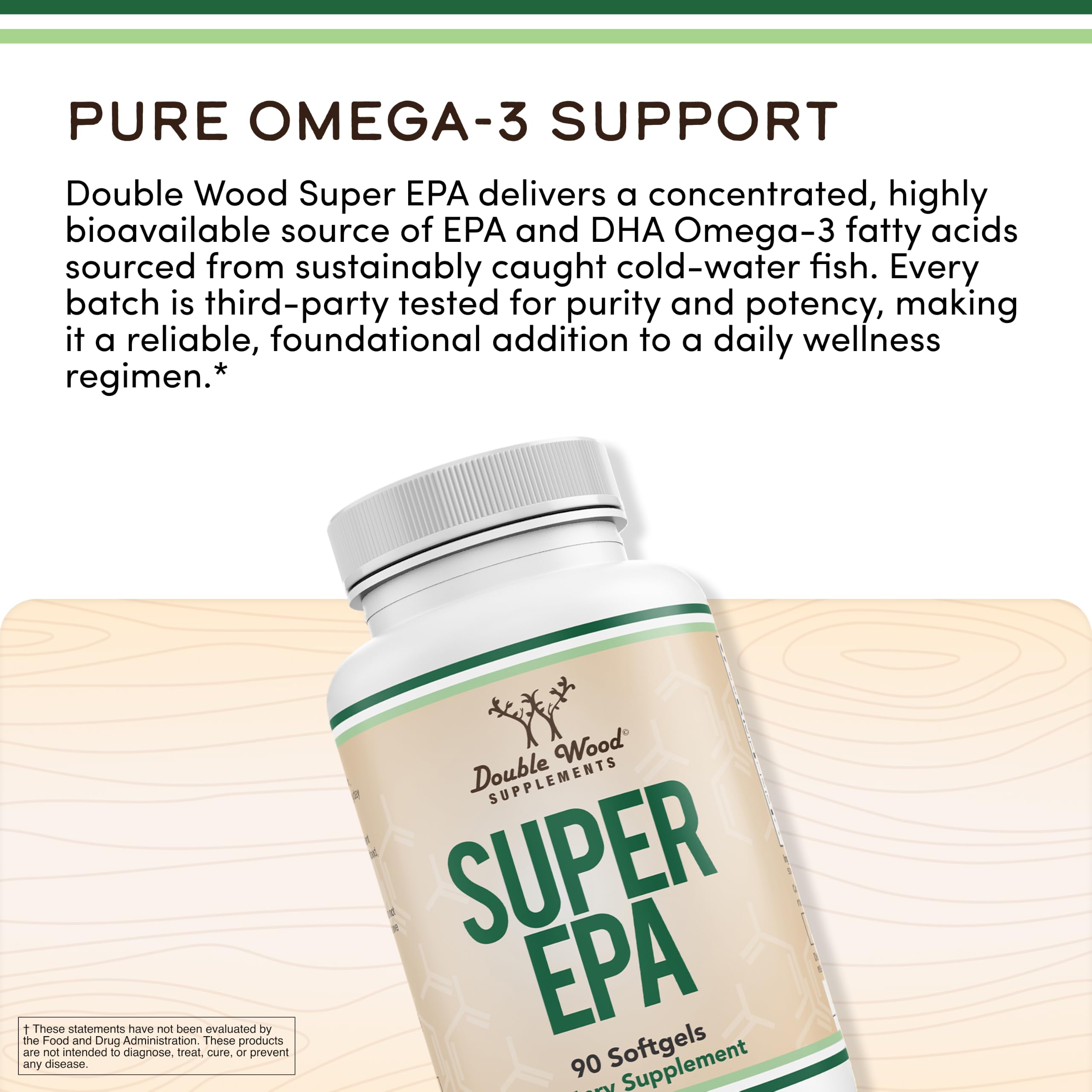 Mano sosteniendo una cápsula Super EPA Double Wood para comparar tamaño y facilidad de toma