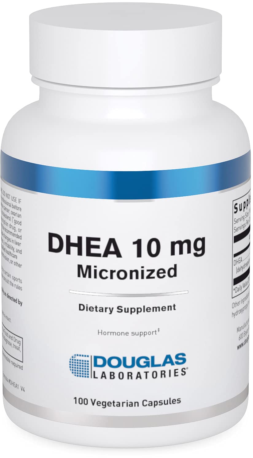 Douglas Laboratories envase frontal de DHEA 10 mg mostrando diseño y beneficio de apoyo hormonal