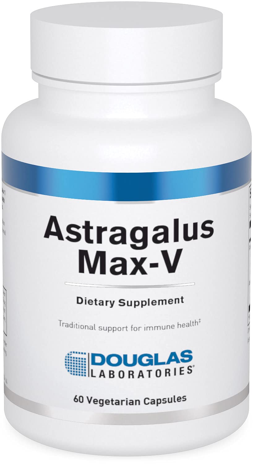 Douglas Laboratories frasco frontal de Astragalus Max-V mostrando la etiqueta y beneficios