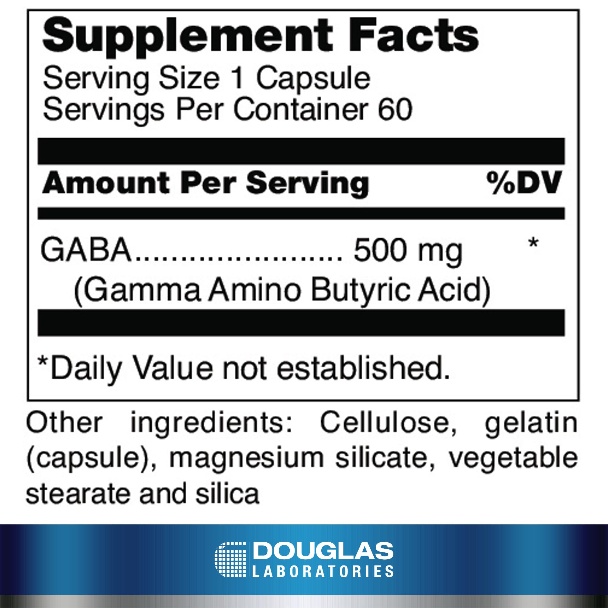 Douglas Laboratories cápsula en primer plano para 500 mg de GABA y dosificación clara