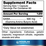 Douglas Laboratories cápsula en primer plano para 500 mg de GABA y dosificación clara