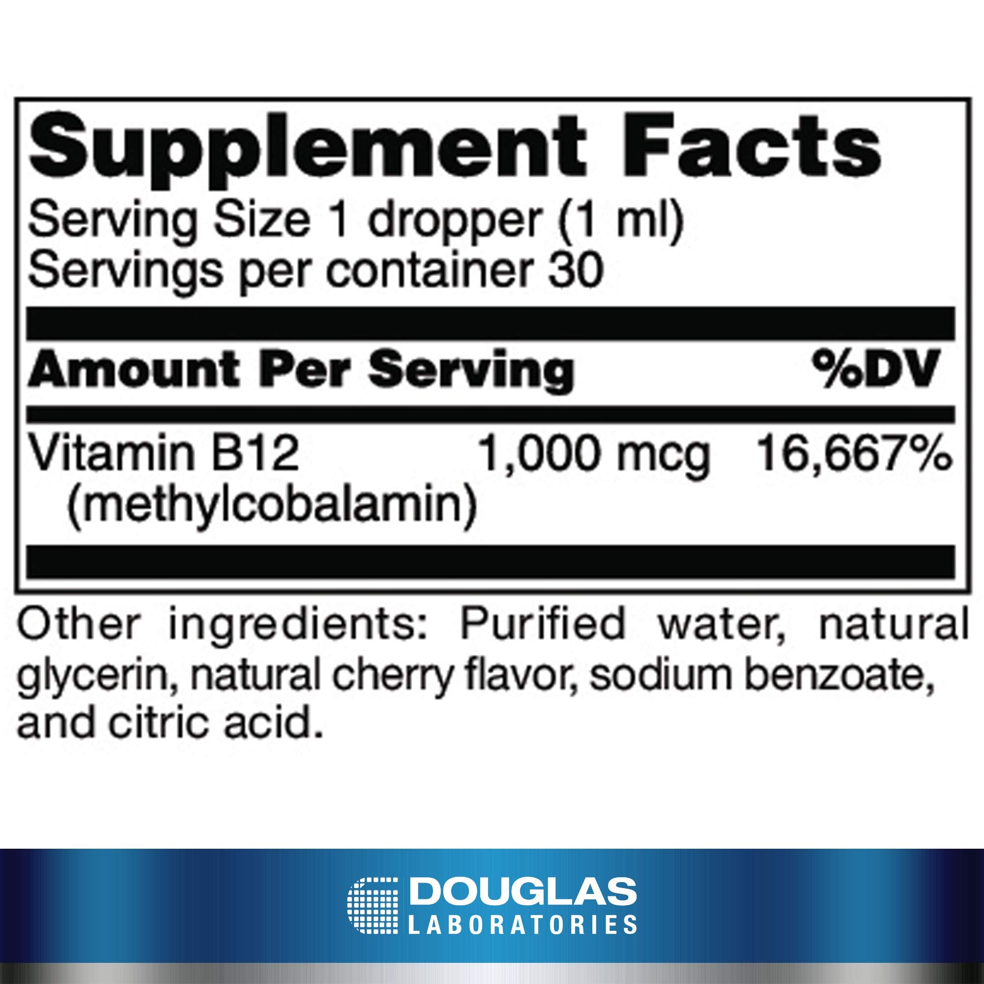 Douglas Laboratories etiqueta con ingredientes y metilcobalamina en foco, confianza en calidad