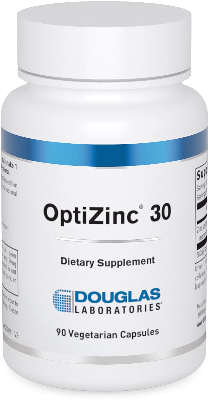 Douglas Laboratories envase Opti Zinc 30 mg mostrando la etiqueta y beneficio claro