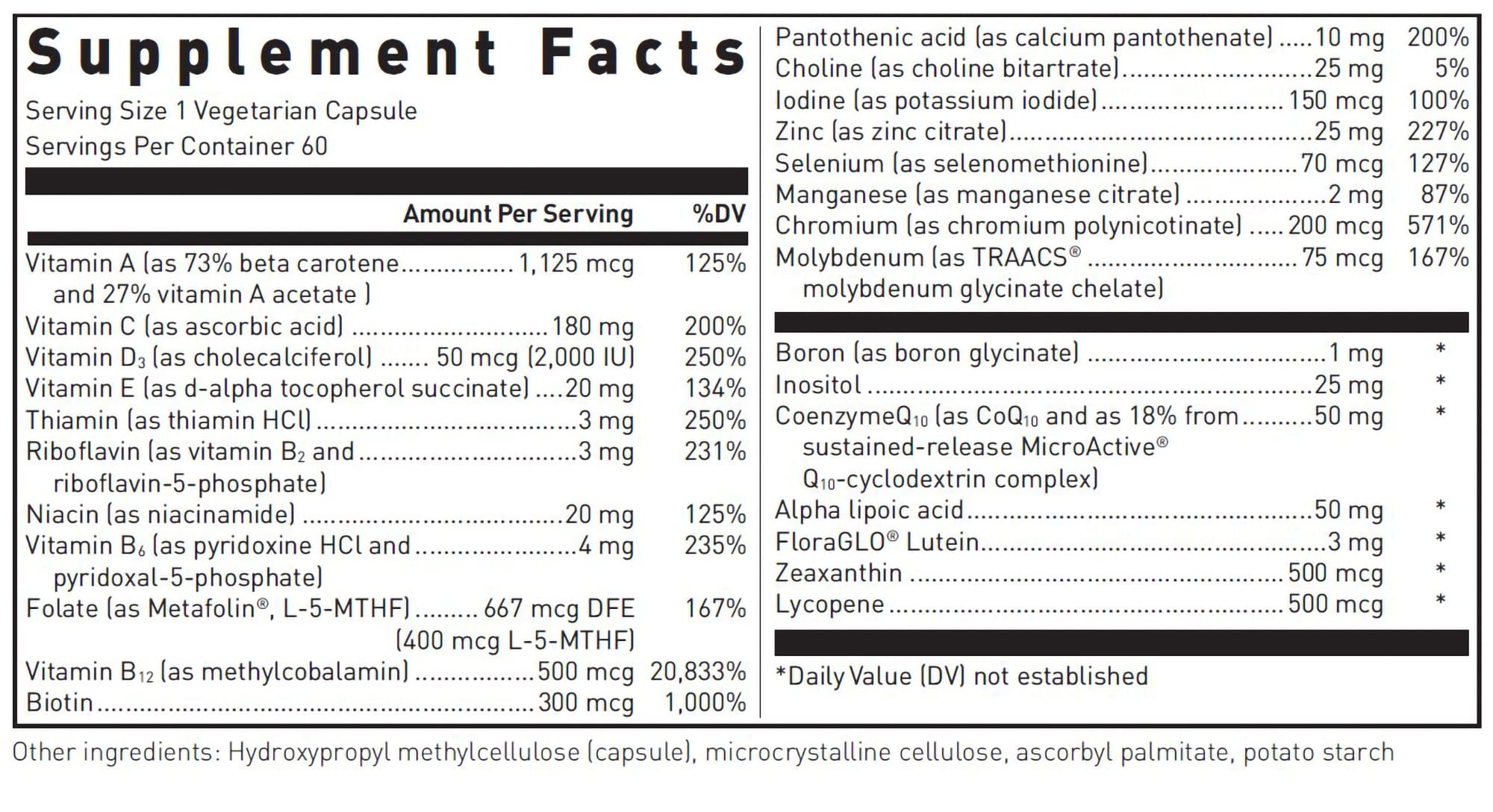 Douglas Laboratories etiqueta lateral con lista de nutrientes clara