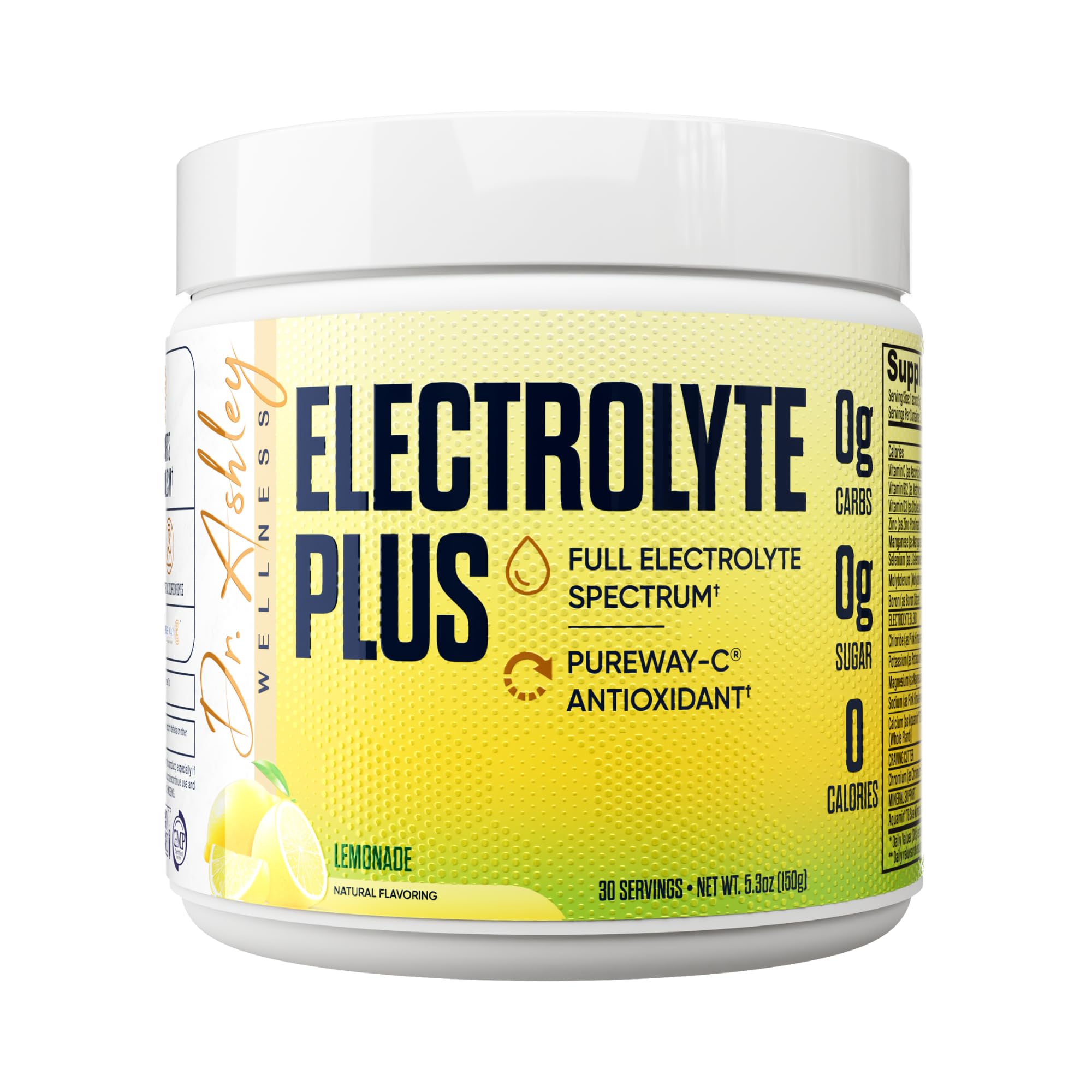 Dr. Ashley Wellness envase frontal mostrando 30 porciones y sabor limonada