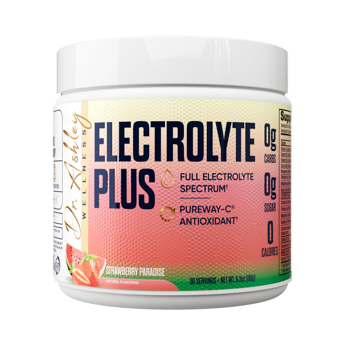 Dr. Ashley Wellness frente del envase mostrando 30 porciones y sabor Strawberry Paradise