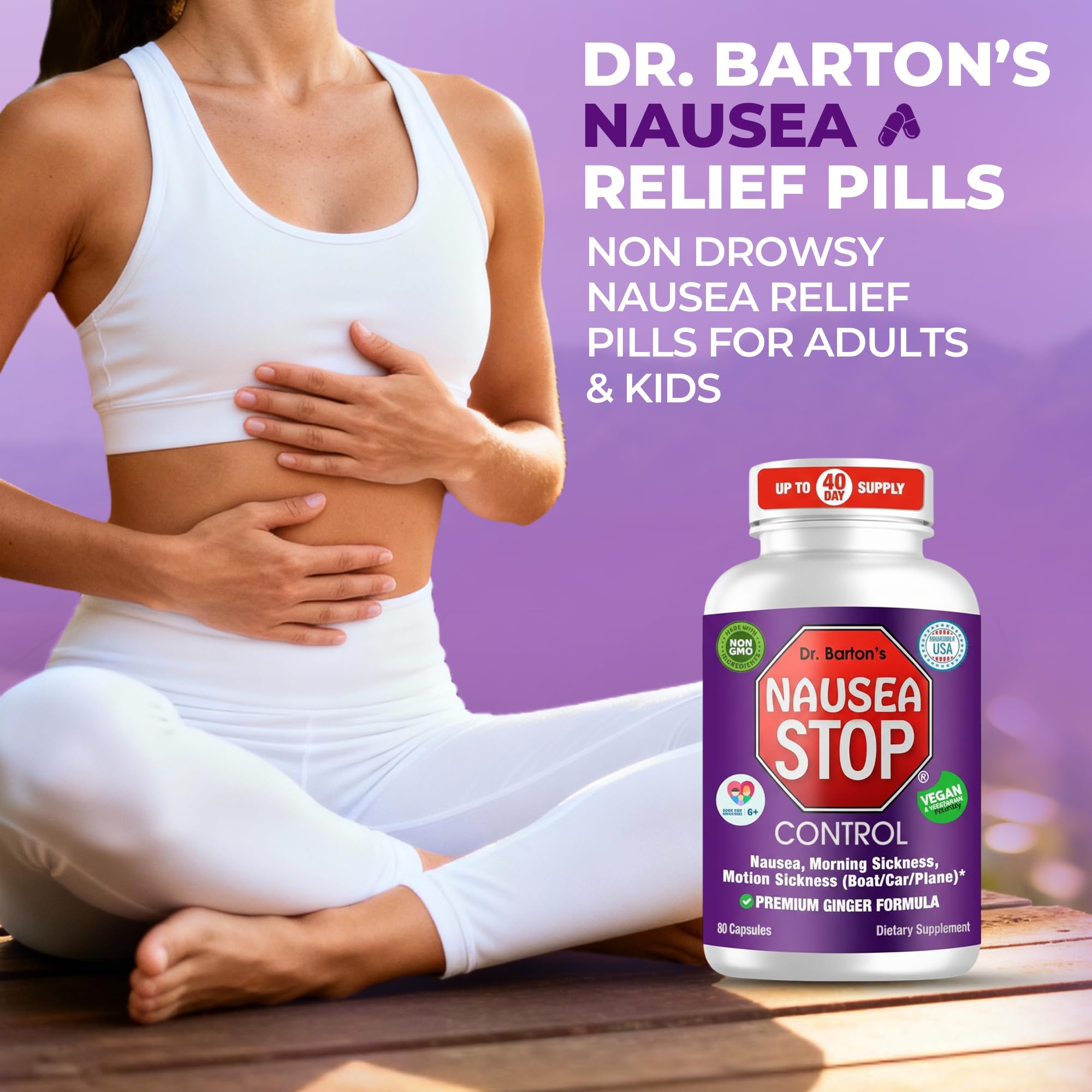 Dr. Barton's Nausea Stop cápsula detalle, jengibre concentrado para alivio