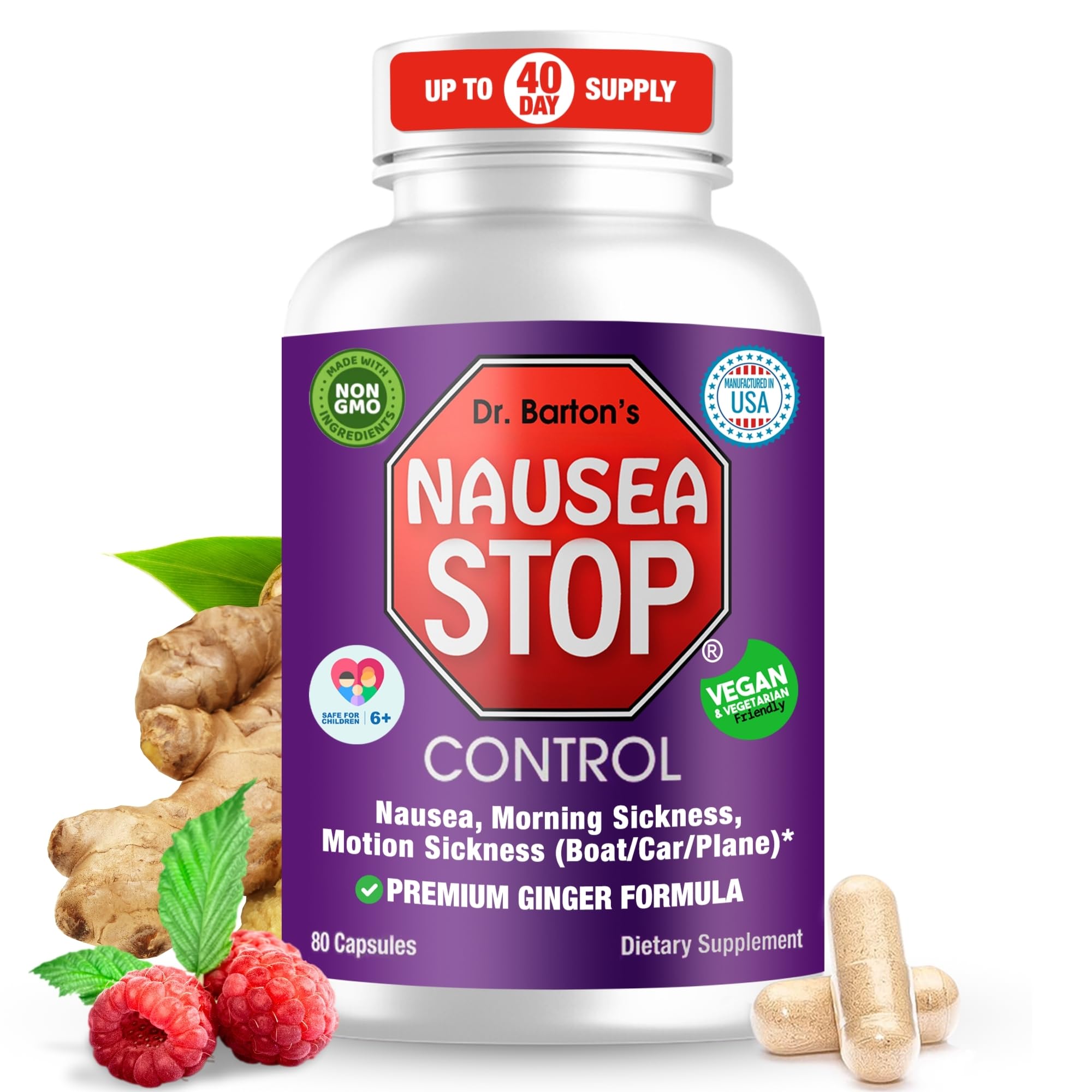 Dr. Barton's Nausea Stop vista frontal, envase compacto listo para viaje