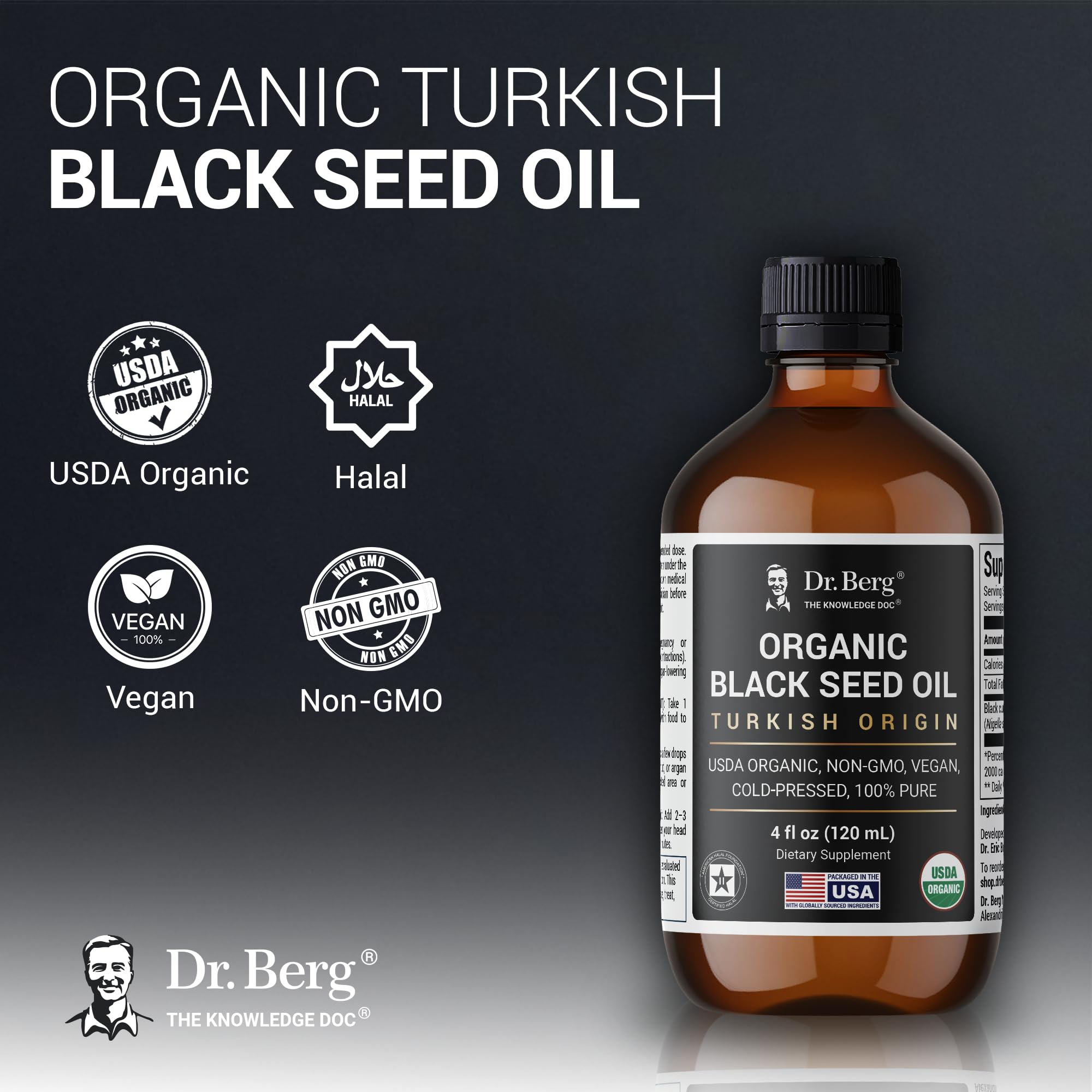Detalle del frasco ámbar Dr. Berg que preserva la potencia del aceite