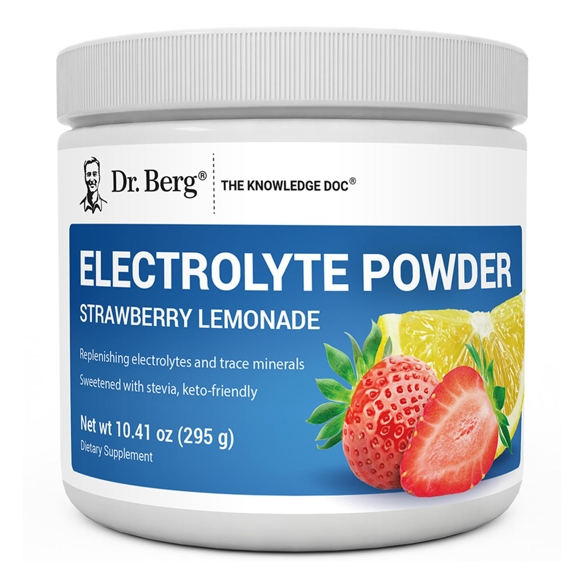 Dr. Berg frontal del envase fresa-limonada mostrando 50 servicios y beneficios.