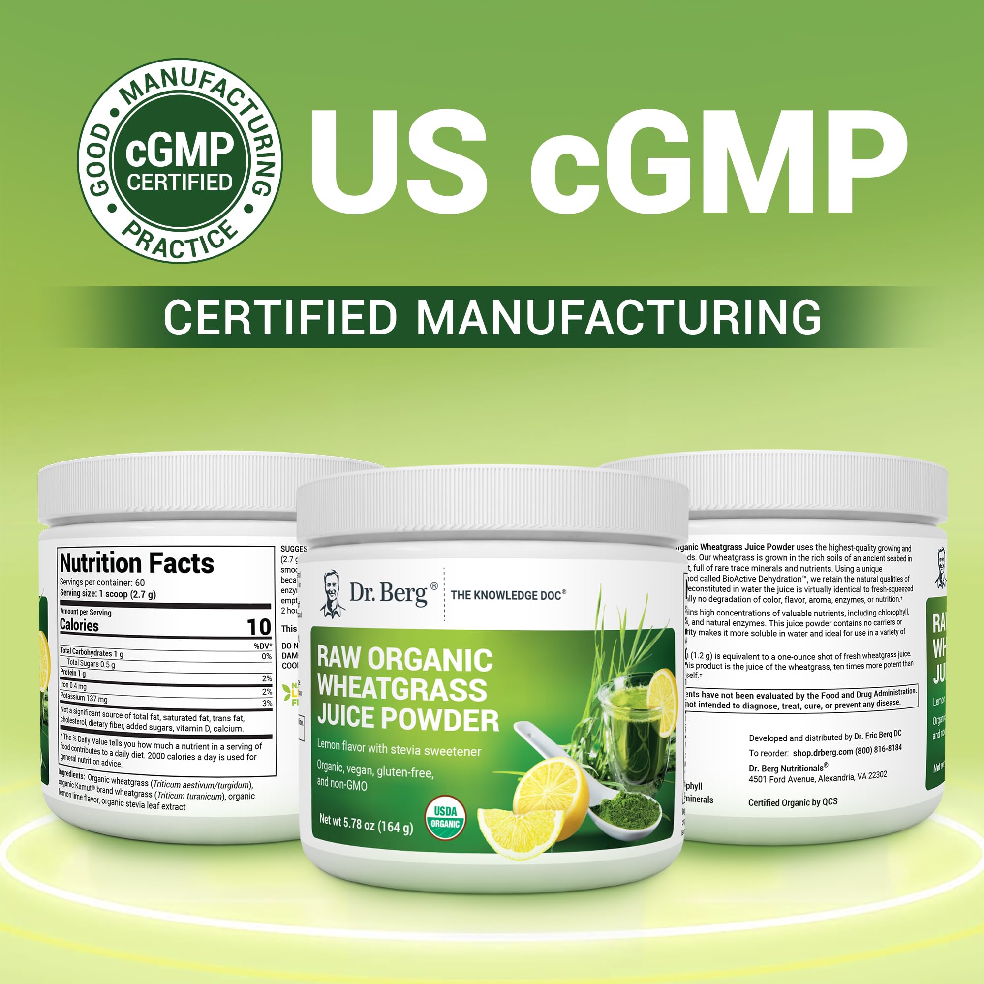 Dr. Berg etiqueta con certificaciones USDA y GMP, confianza en calidad