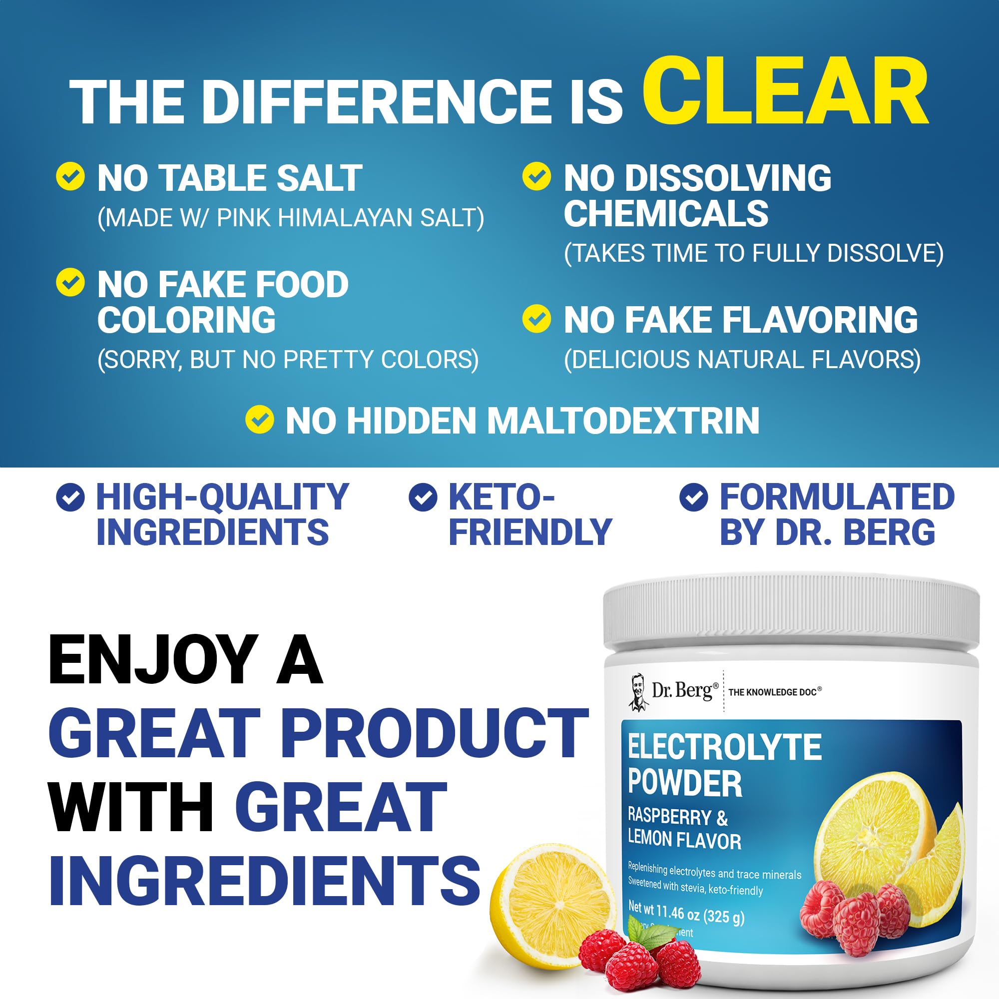 Dr. Berg etiqueta nutricional legible mostrando potasio 1000 mg y beneficios claros