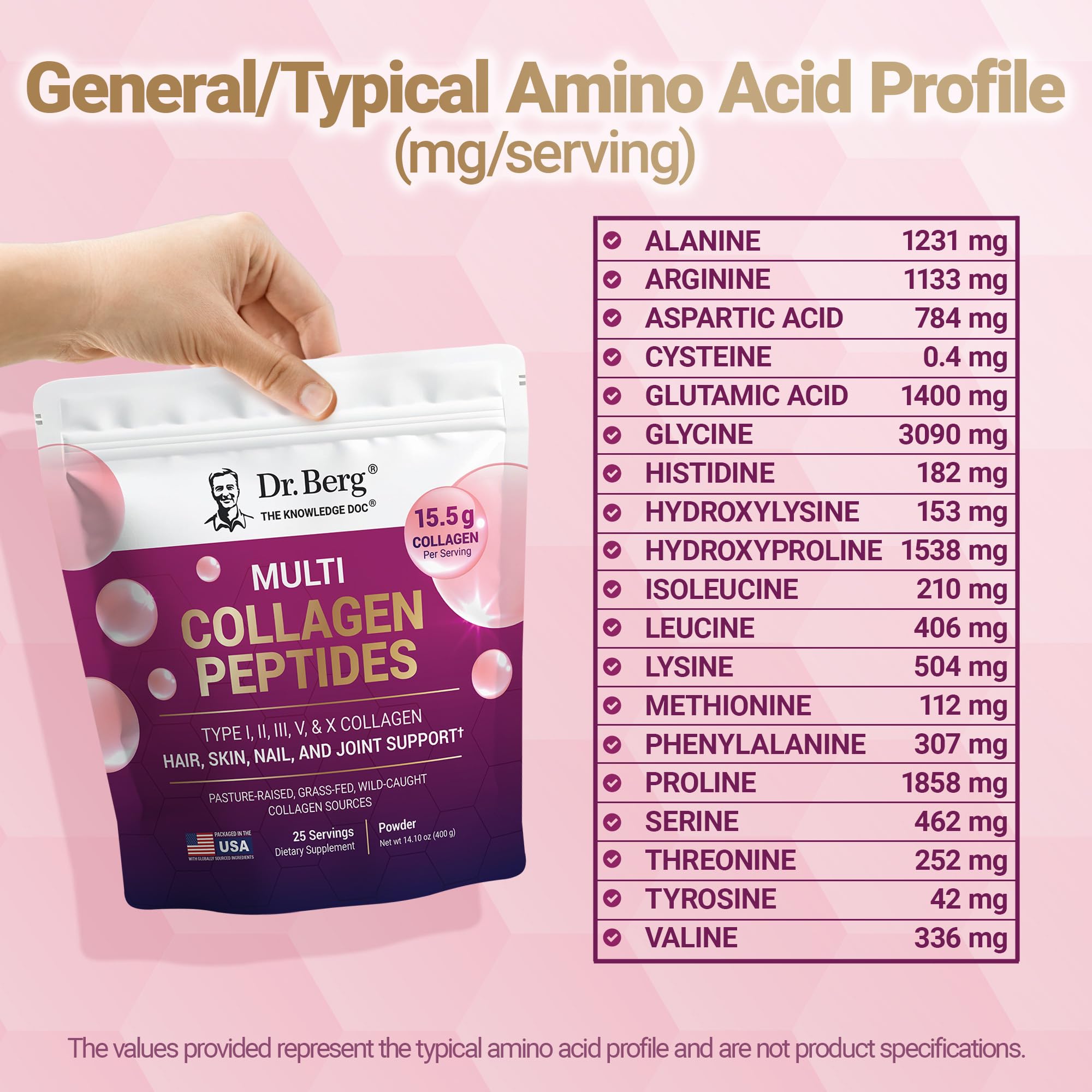 Dr. Berg etiqueta nutricional en primer plano, muestra proteína y vitaminas