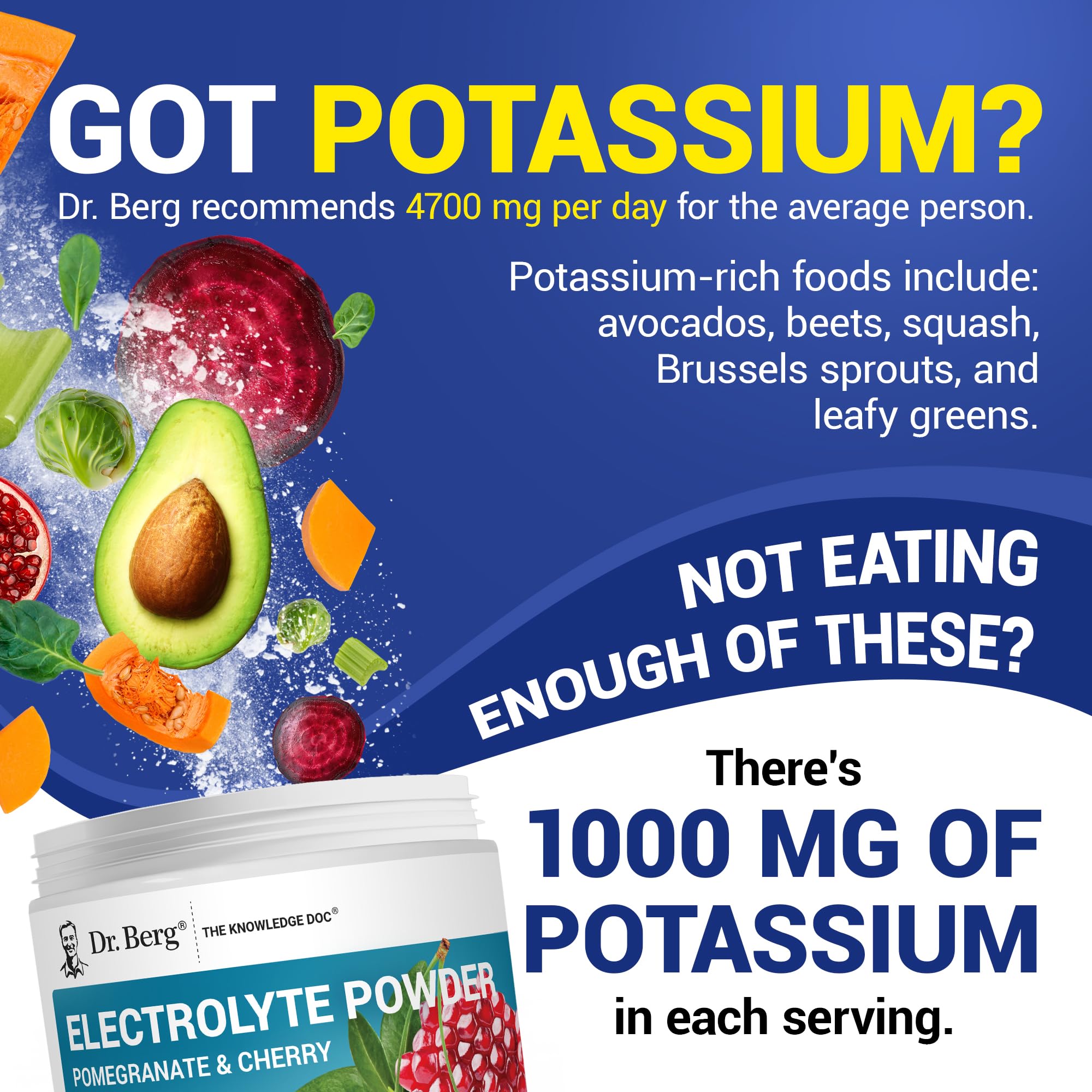 Dr. Berg etiqueta nutricional detalle mostrando potasio 1000 mg por porción