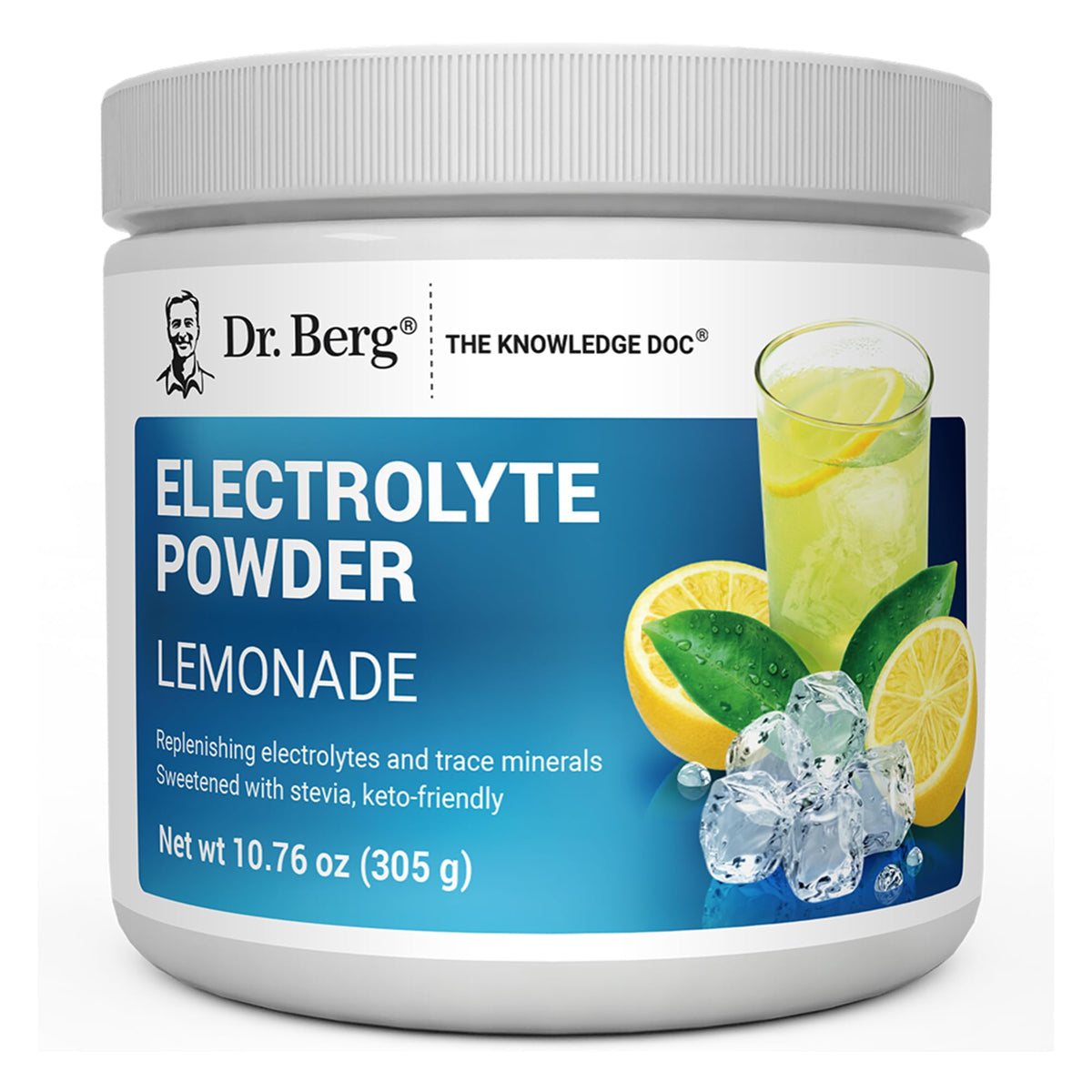 Dr. Berg lata frontal sabor limonada mostrando envase y porciones