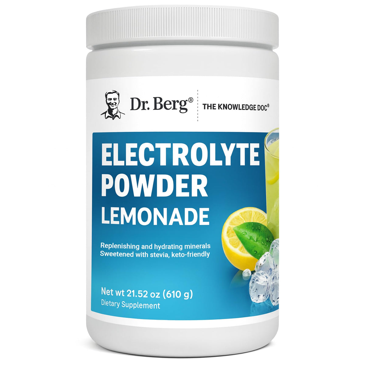 Dr. Berg frente del envase mostrando 100 servicios y sabor Limonada